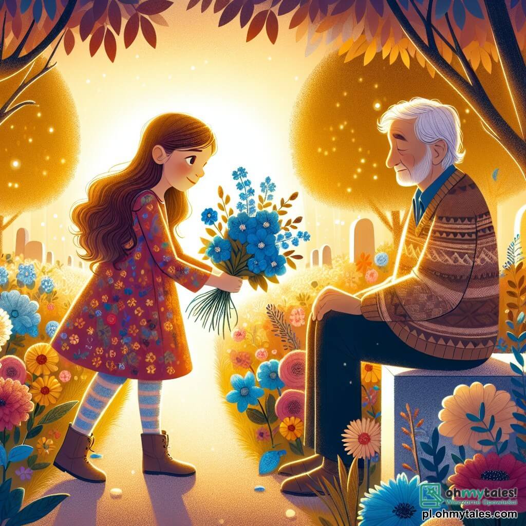 Une illustration sous forme de dessin destinée aux enfants représentant un jardin en fleurs, baigné de lumière dorée, où une fille de 9 ans aux longs cheveux châtains et aux yeux bruns, vêtue d'une robe colorée, s'agenouille avec un sourire doux pour déposer un bouquet de fleurs bleues sur la tombe de son grand-père, tandis qu'une vieille dame aux cheveux gris et au visage bienveillant, habillée d'un pull en laine, l'observe avec tendresse, créant une atmosphère de mémoire et de célébration de la vie.