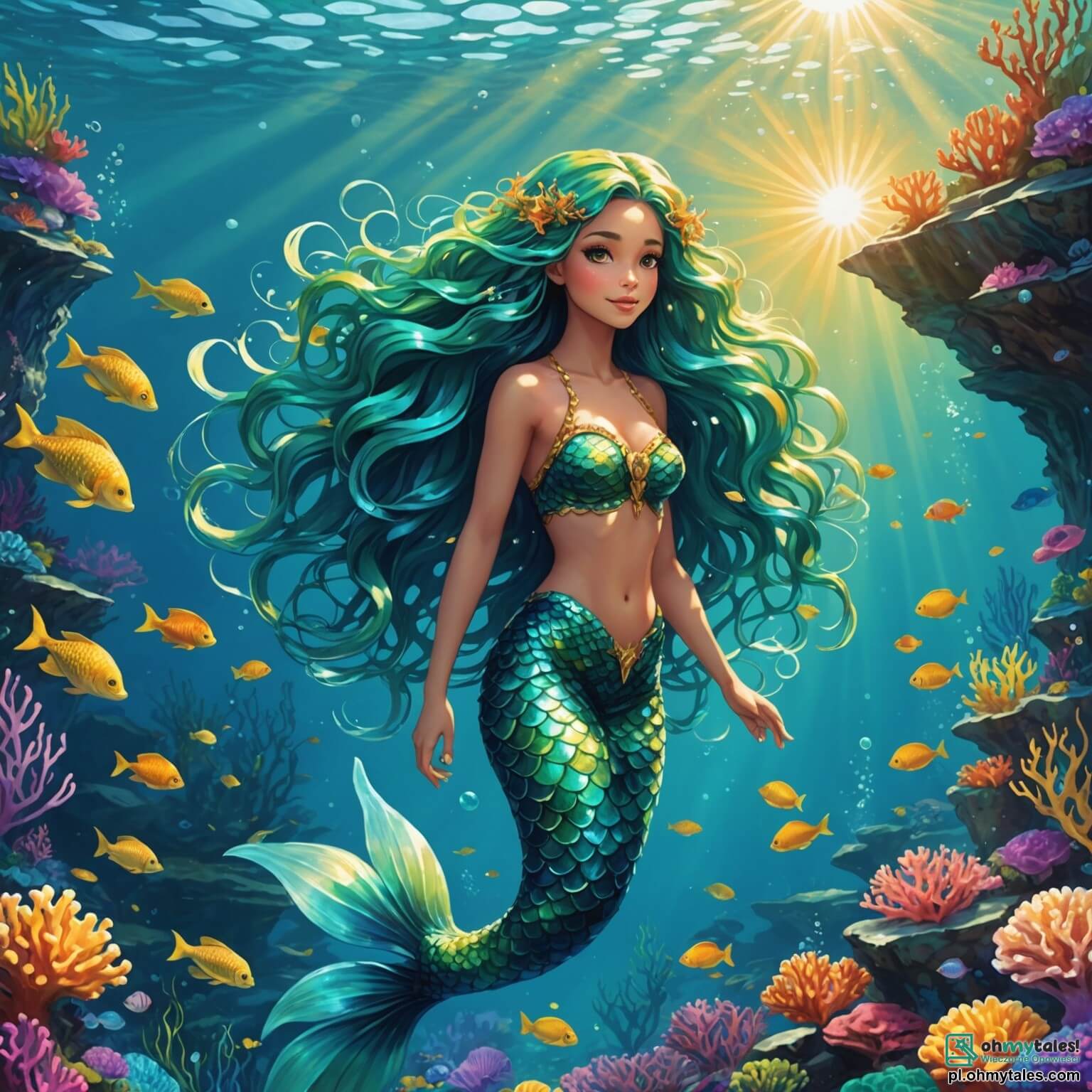 Une illustration destinée aux enfants représentant une sirène aux longs cheveux ondulés couleur turquoise, scintillant comme des écailles de poisson sous les rayons dorés du soleil, nageant avec grâce dans les eaux cristallines d'un océan vibrant de couleurs, où des coraux multicolores s'entrelacent comme des jardins sous-marins, tandis qu'elle se prépare à sauver son royaume enchanté des griffes d'un redoutable Léviathan, un gigantesque serpent marin aux yeux perçants et à la voix grondante, tout en étant accompagnée de son amie, une courageuse petite fille à la chevelure brune et aux yeux pétillants de curiosité, qui rêve d'aventures et de magie, le tout se déroulant dans un monde féerique où les vagues dansent et les poissons multicolores s'ébattent autour d'elles, créant une atmosphère à la fois mystérieuse et merveilleuse.