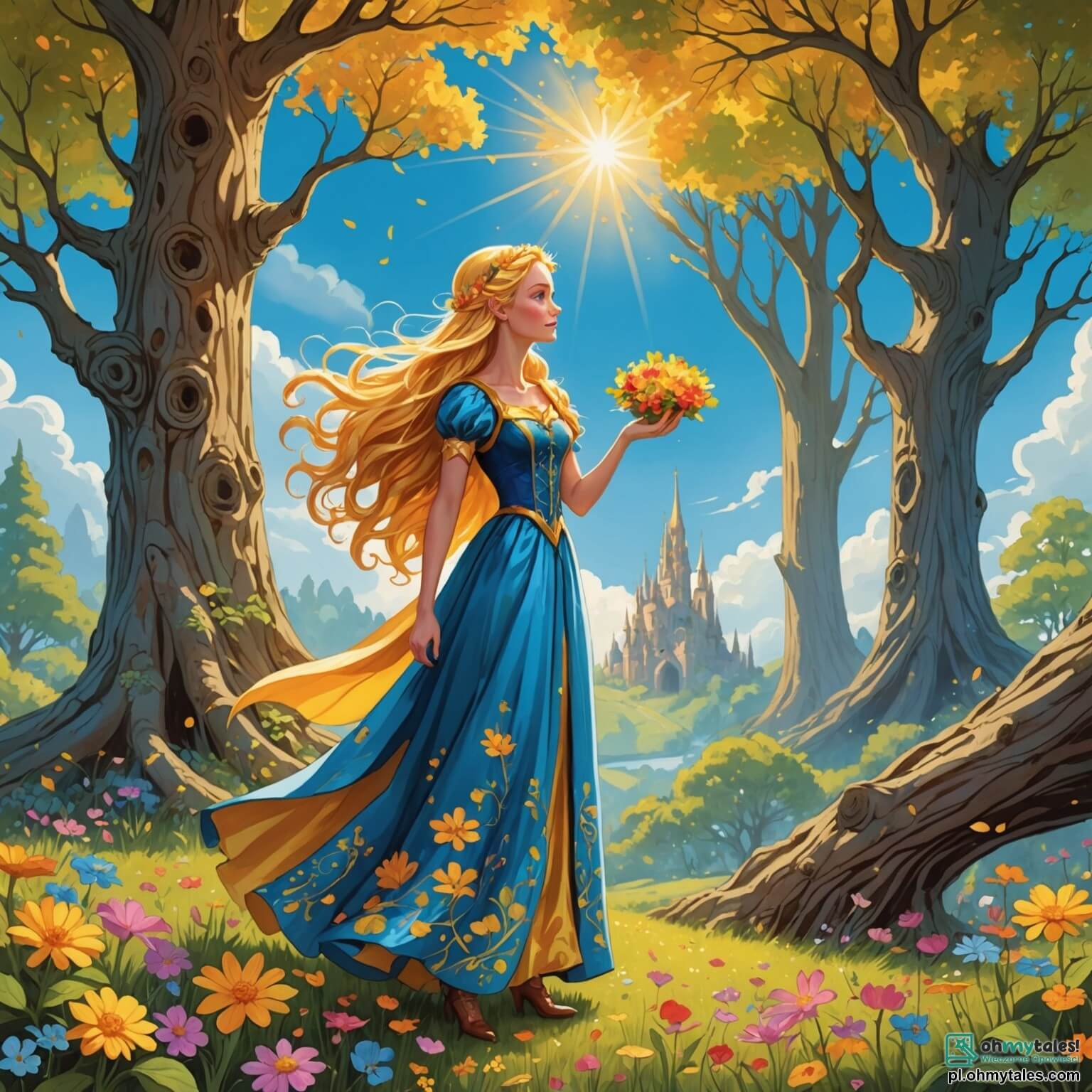 Une illustration destinée aux enfants représentant une jeune femme au cœur pur, aux cheveux dorés comme les rayons du soleil, vêtue d'une robe faite de pétales de fleurs colorées, se tenant au bord d'une clairière enchantée où les arbres majestueux aux troncs noueux s'élèvent vers un ciel azur parsemé de nuages cotonneux, tandis qu'elle cherche désespérément une petite créature magique, un elfique aux grandes oreilles et aux yeux pétillants de malice, qui l'accompagne dans cette quête féerique, tout en étant entourée de papillons dansants et de fleurs éclatantes qui semblent murmurer des secrets anciens.