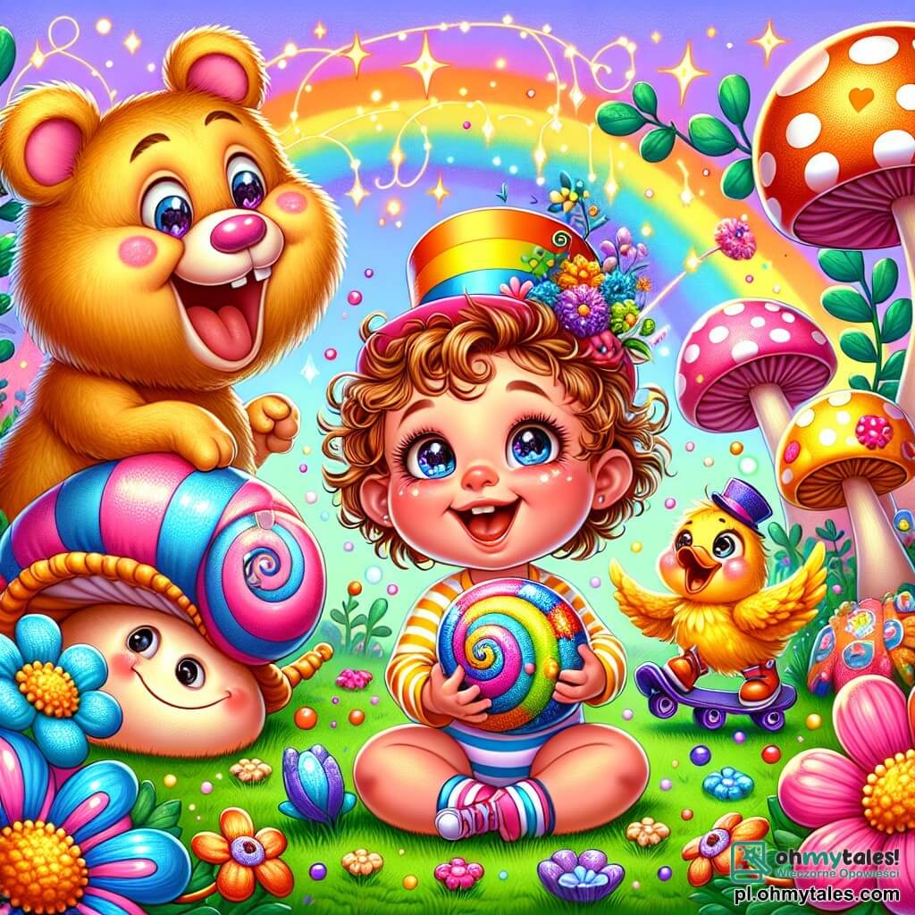 Ilustracja przedstawiająca magiczną scenę w kolorowym i fantastycznym świecie, wypełnionym gigantycznymi kwiatami o jaskrawych kolorach i dziwacznymi grzybami. W centrum mała dziewczynka mająca rok, z kręconymi włosami i błyszczącymi oczami, radośnie się uśmiecha, trzymając w małych rączkach błyszczący, kolorowy kamyk. Siedzi na zielonej trawie, otoczona zabawnymi stworzeniami. Po jej prawej stronie ślimak w cylindrze, z paskowaną muszlą, tańczy z zapałem. Po lewej stronie kaczka na kółkach, z jaskrawymi żółtymi piórami, która stara się utrzymać równowagę, śmiejąc się. Dziewczynka wybucha śmiechem, jej różowe policzki, podczas gdy kaczka potyka się i upada na miękką trawę. W tle wielki tańczący niedźwiedź, z radosnym uśmiechem, dodaje magii tej wesołej i pełnej życia scenie. Lśniące gwiazdy unoszą się w powietrzu, tworząc zaczarowaną atmosferę.
