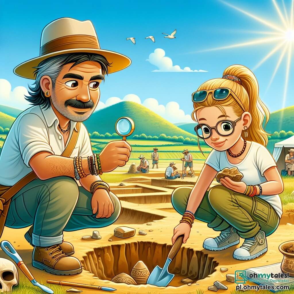 Ilustracja przedstawiająca słoneczne stanowisko archeologiczne we Włoszech, z zielonymi wzgórzami na horyzoncie i częściowo zakopanymi starożytnymi ruinami. Na pierwszym planie mężczyzna w średnim wieku, z lekko siwiejącymi brązowymi włosami, w szerokim kapeluszu słomkowym i okularach przeciwsłonecznych, klęczy i przeszukuje ziemię małą łopatką. Na jego twarzy maluje się uśmiech ekscytacji, a oczy błyszczą z ciekawości. Obok niego młoda kobieta w wieku około 25 lat, z blond włosami związanymi w koński ogon, w t-shircie i spodniach cargo, bada fragment ceramiki za pomocą lupy, wykazując skupienie. Scena uchwyca moment, gdy mężczyzna odkrywa mały przedmiot ceramiczny, podczas gdy wokół nich porozrzucane są narzędzia archeologiczne, takie jak pędzle i szczotki. W tle widać namioty wykopaliskowe i innych archeologów pracujących, co dodaje atmosfery odkrycia i przygody. Ptaki latają po niebieskim niebie, a słońce świeci, tworząc radosną i dynamiczną atmosferę.