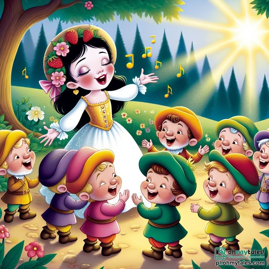 Une illustration sous forme de dessin destinée aux enfants représentant une clairière ensoleillée au cœur d'une forêt enchantée, où une jeune fille à la peau aussi blanche que la neige, aux cheveux noirs comme l'ébène et aux lèvres rouges comme des fraises, chante joyeusement entourée de sept petits hommes aux traits variés, chacun portant un chapeau coloré et affichant des expressions joyeuses, alors qu'ils l'écoutent avec émerveillement, symbolisant l'amitié et la magie d'un nouveau départ dans un royaume où la beauté intérieure est célébrée.