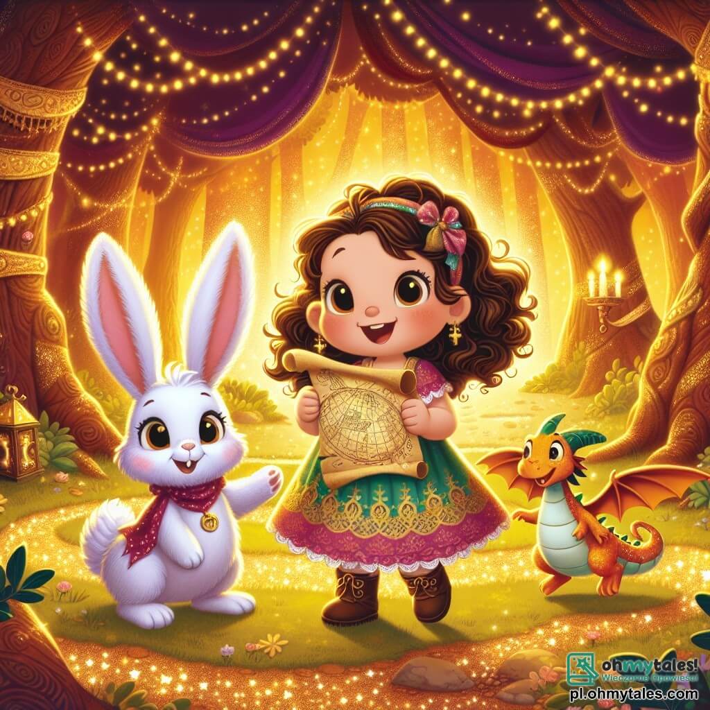Une illustration sous forme de dessin destinée aux enfants représentant une clairière enchantée dans un forêt magique, baignée de lumière dorée, où une petite fille de 3 ans aux cheveux bouclés et aux yeux pétillants, vêtue d'une robe colorée, tient une carte au trésor avec un grand sourire, tandis qu'à ses côtés, un petit lapin aux grandes oreilles blanches et un dragon miniature aux écailles scintillantes volent joyeusement autour d'elle, tous trois prêts à partir à l'aventure à la recherche d'un trésor caché.