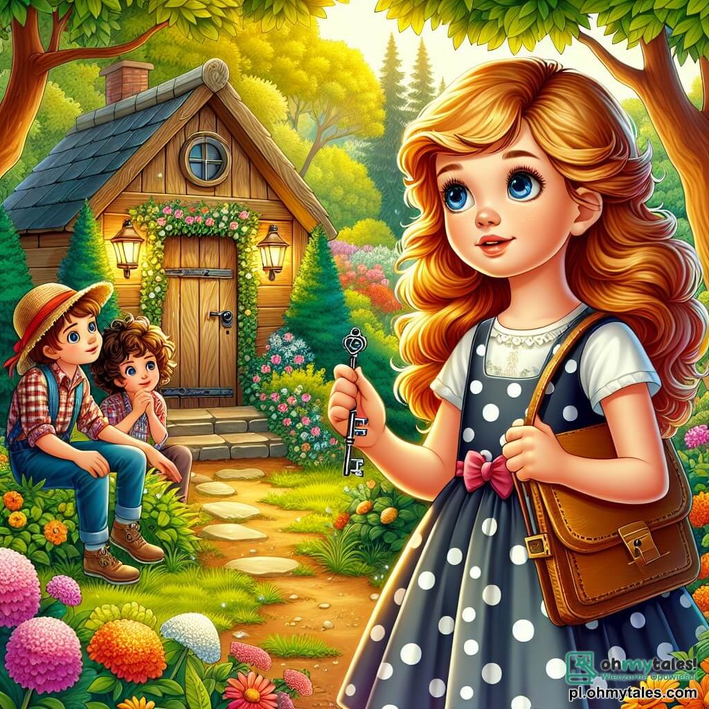 Une illustration sous forme de dessin destinée aux enfants représentant un parc ensoleillé avec des arbres verdoyants et des fleurs colorées, où une fille de 9 ans aux longs cheveux dorés et aux yeux bleus, vêtue d'une robe à pois, tient un vieux clé en métal, entourée de deux amis : un garçon portant un chapeau de paille et une chemise à carreaux, et une fille aux cheveux bruns et bouclés, tenant un carnet de croquis, tous trois regardant avec émerveillement un vieux petit chalet mystérieux, symbole de leur quête d'aventure et de trésors cachés.