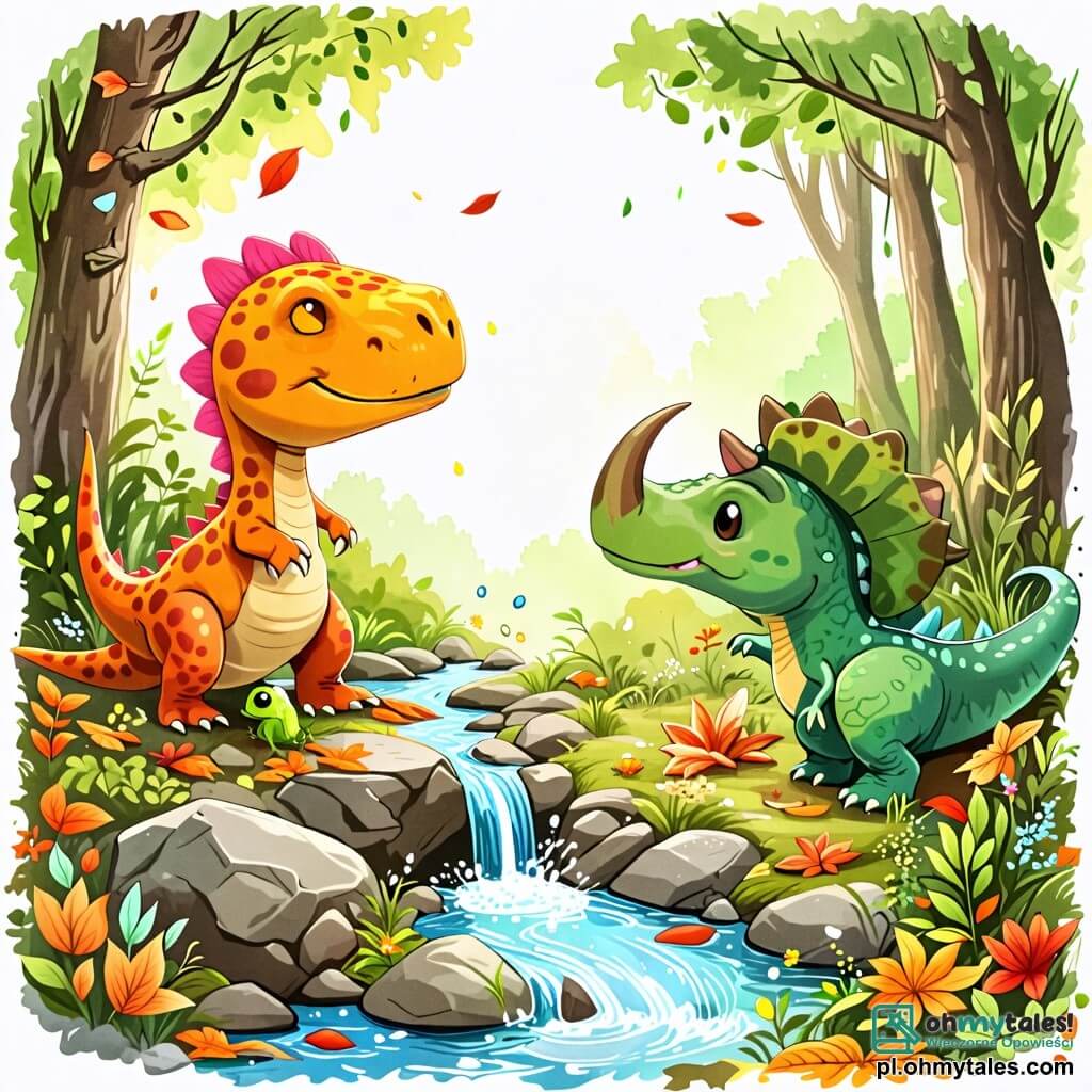 Une illustration sous forme de dessin destinée aux enfants représentant un vibrant et verdoyant petit bois, où un vélociraptor aux plumes colorées, avec de grands yeux curieux, explore joyeusement le sol couvert de feuilles, tandis qu'un triceratops à trois cornes, au regard amical, l'observe avec enthousiasme, et une petite grenouille verte, assise sur une pierre au bord d'un ruisseau scintillant, les invite à jouer ensemble dans une atmosphère de camaraderie et d'aventure.