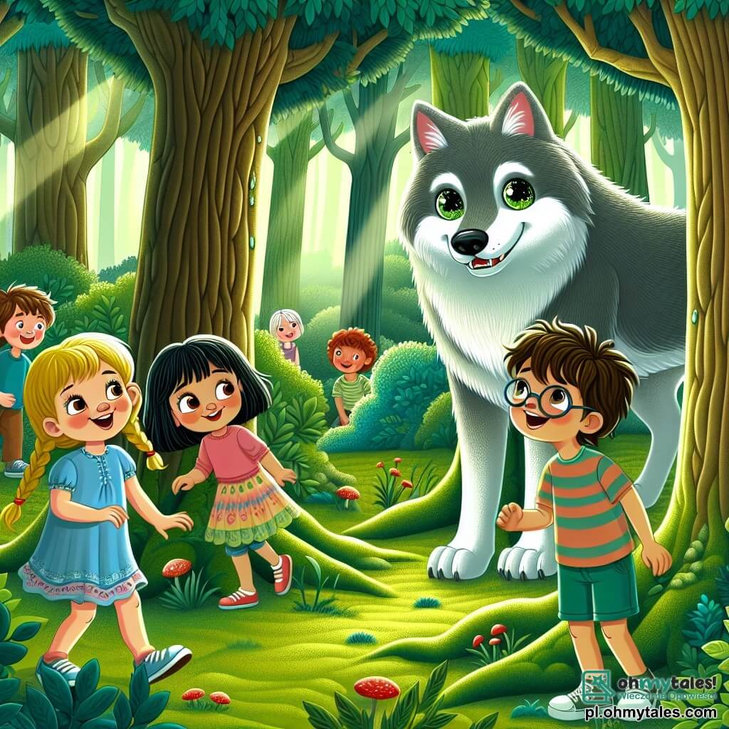 Ilustracja przedstawiająca magiczną scenę w zielonym lesie, gdzie wysokie drzewa o grubych pniach wznoszą się, a ich błyszczące liście filtrują światło słoneczne, tworząc wzory światła i cienia na pokrytej mchem ziemi. W centrum obrazu stoi duży wilk o szarej sierści i błyszczących oczach pełnych ciekawości, z przyjaznym uśmiechem, kontrastującym z jego groźnym wyglądem. Wokół niego bawi się pięcioro dzieci w wieku pięciu lat, trzy dziewczynki i dwóch chłopców. Dziewczynka z kręconymi blond włosami w różowej sukience chichocze, chowa się za drzewem, podczas gdy chłopiec z krótkimi brązowymi włosami w niebieskiej koszulce głośno liczy, mając zamknięte oczy, gotowy do ich szukania. Inna dziewczynka z czarnymi warkoczami i kolorową spódnicą z zachwytem patrzy na wilka, podczas gdy chłopiec z rudymi włosami w zielonych szortach podchodzi z uśmiechem. Na koniec inny chłopiec w okularach i w koszulce w paski trzyma garść jagód, które właśnie zerwał, gotowy je podzielić. Scena emanuje atmosferą radości i przyjaźni, ilustrując moment, w którym dzieci odkrywają, że wilk nie jest złym stworem, ale przyjacielem. Kolorowe kwiaty rozsiane są po ziemi, a ptaki śpiewają na gałęziach, dodając magii temu niespodziewanemu momentowi przyjaźni.