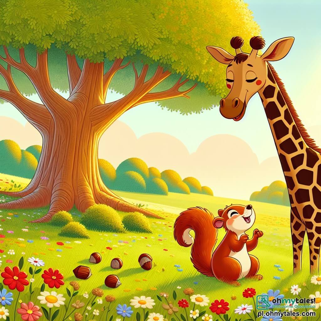 Une illustration sous forme de dessin destinée aux enfants représentant une vaste prairie verdoyante baignée par la lumière dorée du soleil, où une grande girafe au long cou et aux taches brunes se penche avec curiosité vers une petite wiewiórka au pelage roux, qui est en train de compter des noisettes éparpillées autour d'elle, tandis qu'elles rient ensemble, entourées de fleurs colorées et d'un grand chêne majestueux en arrière-plan, symbolisant l'amitié et la joie des aventures partagées.
