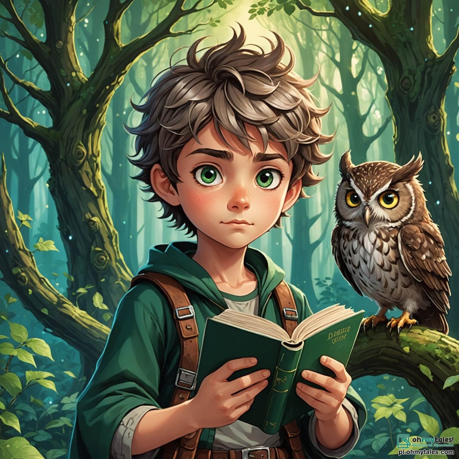 Une illustration destinée aux enfants représentant un garçon intrépide aux cheveux ébouriffés, aux yeux pétillants de curiosité, qui, armé de son courage et d'un vieux livre de contes, s'aventure dans une forêt enchantée où les arbres majestueux, aux troncs noueux et aux feuilles scintillantes comme des émeraudes, cachent des secrets magiques, tandis qu'un vieux sage hibou aux plumes argentées et une malicieuse petite fée aux ailes iridescentes, tous deux personnages secondaires, l'observent avec bienveillance et mystère, prêts à l'aider dans sa quête pour retrouver une rose dorée qui exauce les vœux.