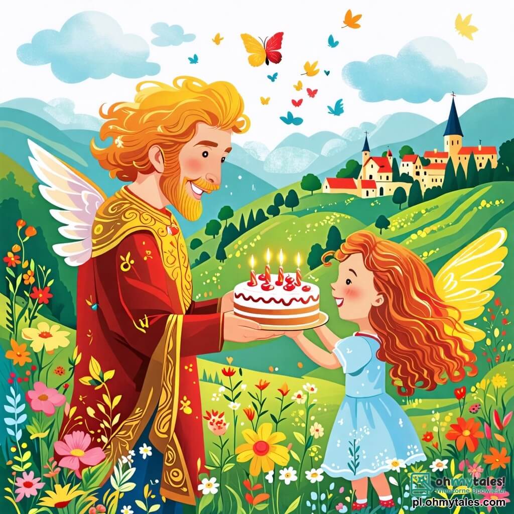 Une illustration sous forme de dessin destinée aux enfants représentant un paysage enchanteur de Tęczowe Wzgórze, avec des collines colorées et des fleurs éclatantes, où un homme à la chevelure dorée et au sourire chaleureux, vêtu d'une tunique brillante, tend un gâteau aux enfants joyeux, dont une petite fille aux ailes scintillantes et un garçon aux cheveux bouclés, tous deux riant et s'émerveillant devant la générosité de l'homme, symbolisant le partage et la joie qui illuminent leur monde féerique.