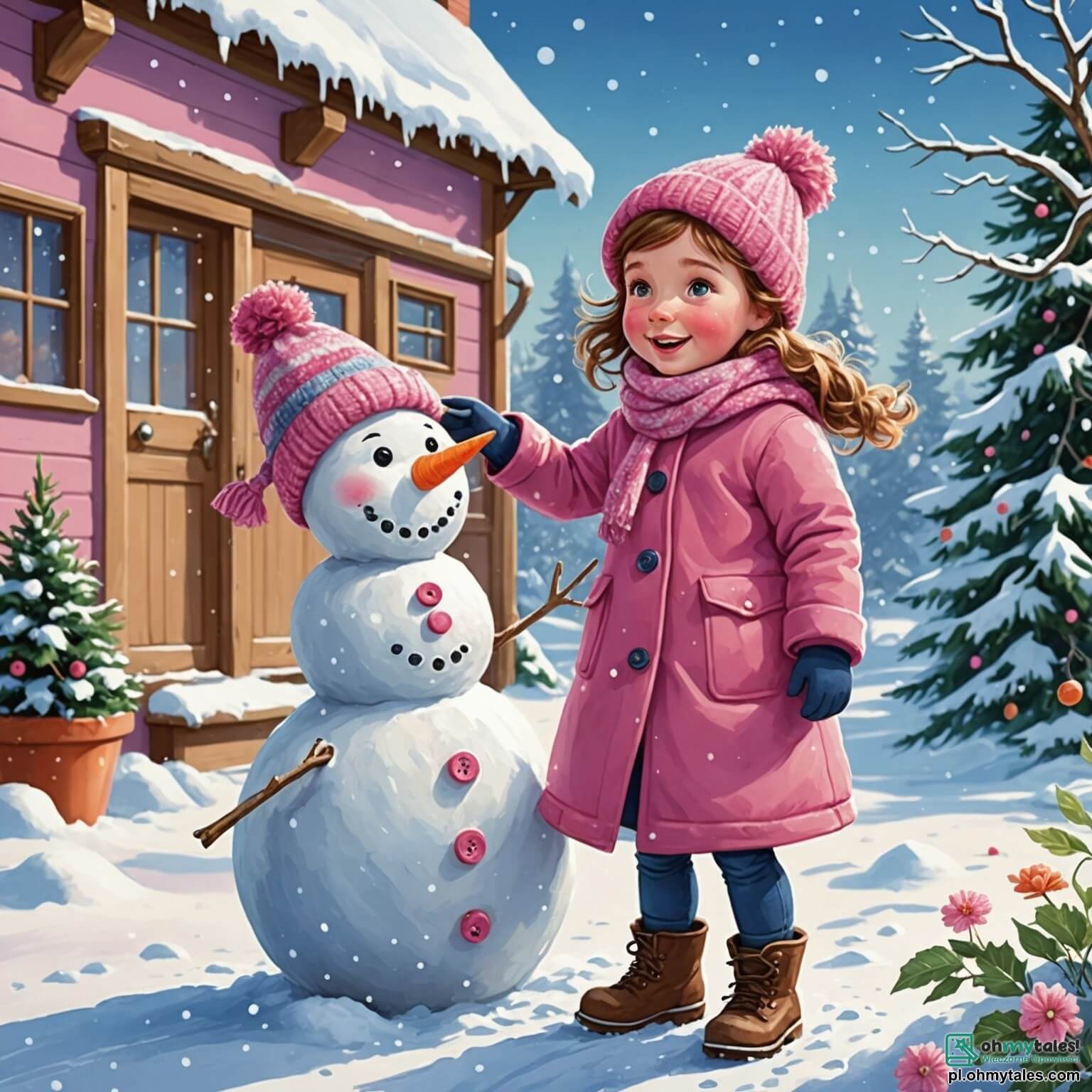 Une illustration destinée aux enfants représentant une petite fille aux joues roses et aux yeux pétillants, vêtue d'un épais manteau rose et d'une écharpe tricotée, s'amusant dans un jardin enneigé où des flocons de neige dansent autour d'elle, tandis qu'elle construit un grand bonhomme de neige avec son papa, un homme jovial à la barbe fournie, qui rit en ajoutant une carotte pour le nez et des boutons colorés pour les yeux, le tout se déroulant dans un paysage féerique de sapins chargés de neige, de collines blanches ondulant sous un ciel bleu éclatant, où l'air frais et vif emplit les poumons d'une douce magie hivernale.