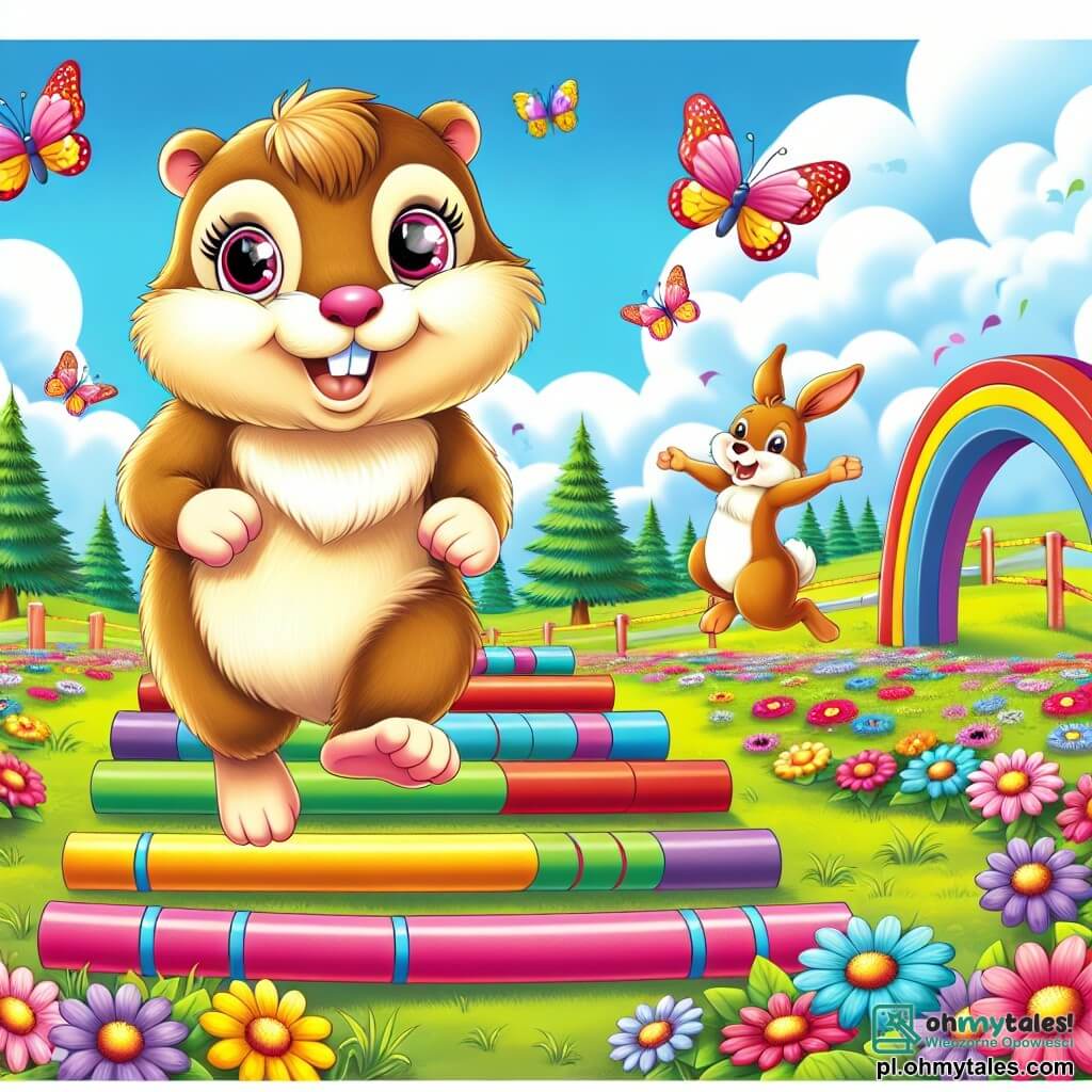 Une illustration destinée aux enfants représentant une marmotte espiègle aux yeux pétillants, pleine de curiosité et d'énergie, se préparant à participer à des compétitions de saut à travers des obstacles colorés sur une vaste prairie parsemée de fleurs éclatantes, de papillons virevoltants et d'arbres majestueux, tandis qu'un joyeux petit lapin, son ami, l'encourage avec enthousiasme à ses côtés.