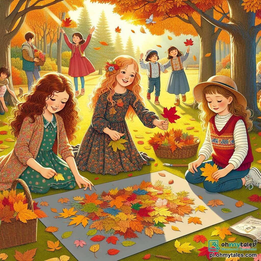 Ilustracja przedstawiająca park jesienią, gdzie drzewa ozdobione są złotymi, czerwonymi i pomarańczowymi liśćmi, które delikatnie opadają na ziemię. W centrum trzy dziewczynki w wieku około dwunastu lat, z brązowymi, kręconymi włosami, siedzą na zielonej trawie. Jedna z nich, w kwiecistej sukience, uśmiecha się, trzymając dużą szaro-papierową kartkę, podczas gdy inna, w czerwonym swetrze, przykleja kolorowe liście do kartki. Trzecia, w czapce i kamizelce, uważnie przygląda się kolażowi, trzymając koszyk wypełniony liśćmi. W tle inne dzieci i dorośli przynoszą liście, tworząc radosną i współpracującą atmosferę. Promienie słońca przebijają się przez gałęzie, oświetlając scenę i dodając magicznego akcentu do tego momentu jesiennej kreatywności.