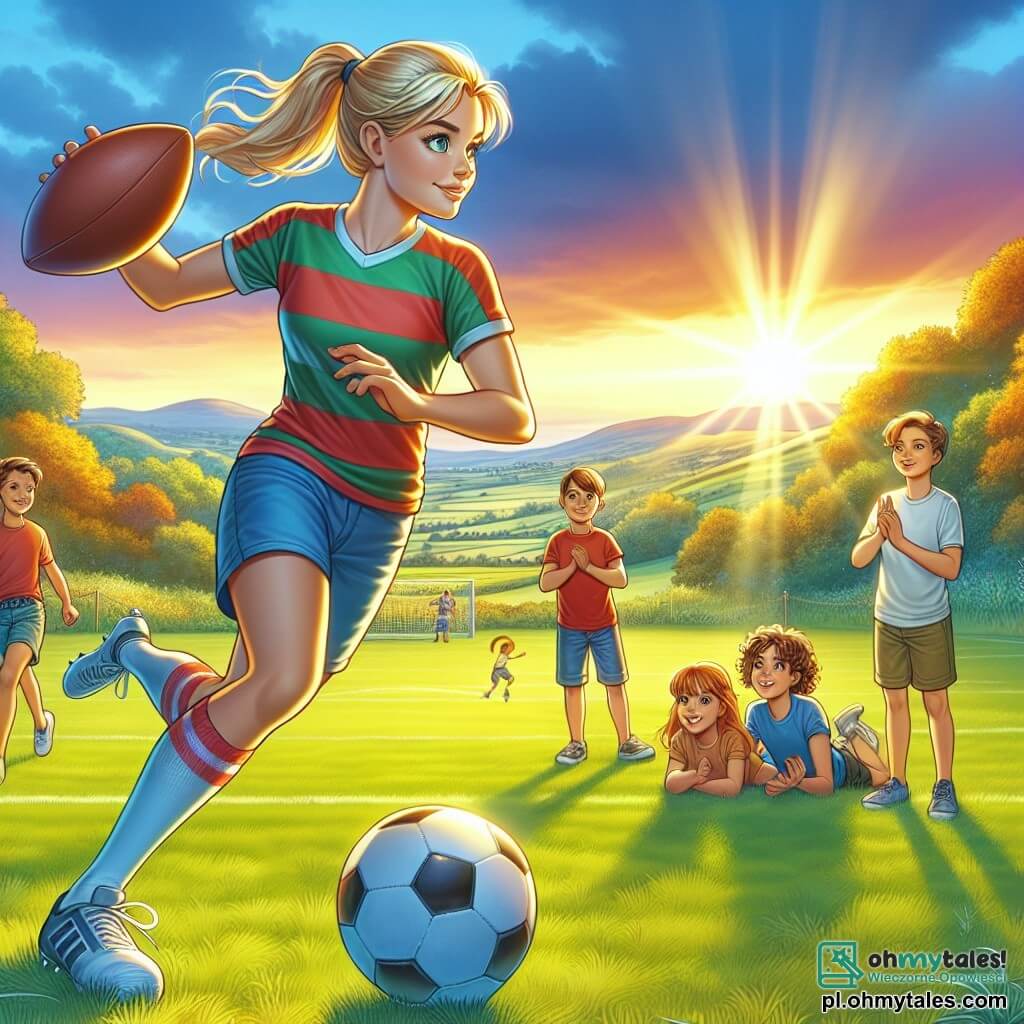 Ilustracja przedstawiająca rozległe, zielone boisko piłkarskie, oświetlone złotym światłem zachodzącego słońca. W tle łagodne wzgórza i liściaste drzewa otaczają pole, podczas gdy niebo w odcieniach różu i pomarańczu. Na pierwszym planie młoda, atletyczna kobieta z blond włosami związanymi w koński ogon i błyszczącymi od determinacji oczami zręcznie drybluje piłką nożną. Ma na sobie kolorowy strój i szorty, a jej sportowe buty są lekko zużyte, co świadczy o wielu godzinach treningu. Wokół niej grupa czterech dzieci w wieku około 8-10 lat z podziwem obserwuje. Dwaj chłopcy z krótkimi brązowymi włosami, jeden w czerwonym t-shircie, a drugi w niebieskim, oraz dziewczynka z kręconymi, kasztanowymi włosami w letniej sukience, wszyscy klaskają i dopingują młodą kobietę. Scena uchwyca moment, w którym młoda kobieta pokazuje swoje umiejętności piłkarskie, otoczona młodymi wielbicielami, którzy marzą o zostaniu takimi graczami jak ona. W powietrzu unoszą się śmiechy i okrzyki zachęty, podczas gdy piłka nożna toczy się blisko nich, gotowa do ponownego kopnięcia.