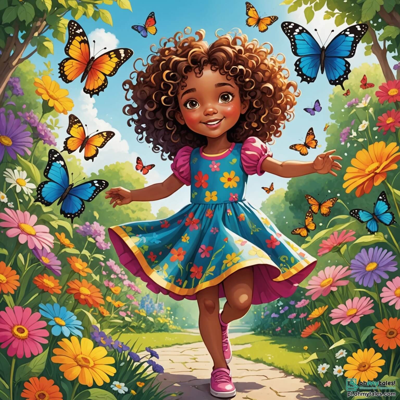 Une illustration destinée aux enfants représentant une petite fille aux cheveux bouclés et aux yeux pétillants, vêtue d'une robe colorée qui danse au gré du vent, se tenant au milieu d'un jardin éclatant de fleurs aux teintes vives, où des papillons multicolores virevoltent autour d'elle, alors qu'elle explore avec émerveillement la diversité des couleurs de la nature, accompagnée de son ami, un garçon curieux au sourire radieux, tous deux découvrant ensemble la beauté de l'unicité des êtres vivants dans un monde où chaque couleur, chaque son et chaque odeur raconte une histoire différente sous le doux soleil d'un après-midi ensoleillé.