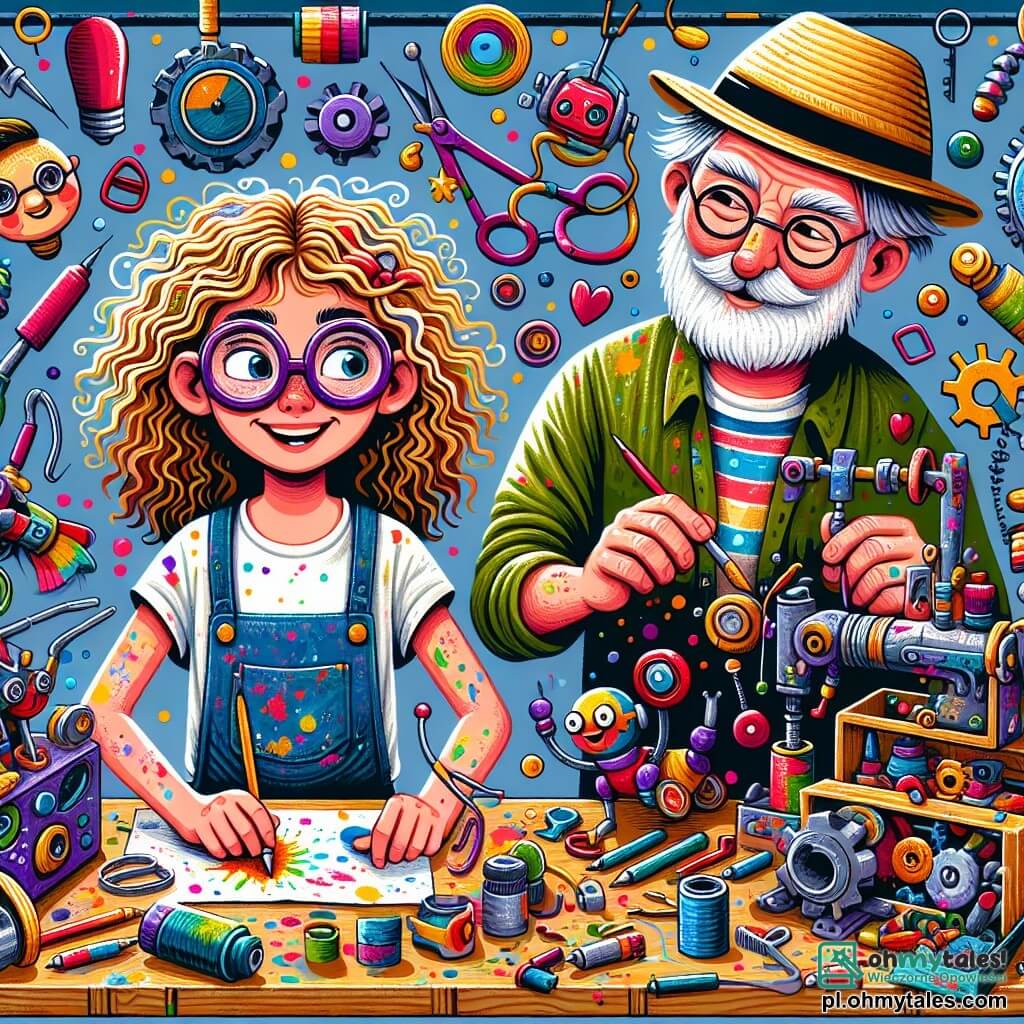 Une illustration sous forme de dessin destinée aux enfants représentant un atelier coloré rempli de gadgets étranges et de matériaux recyclés, où une jeune femme aux cheveux bouclés et aux lunettes rondes, vêtue d'une salopette pleine de taches de peinture, travaille avec enthousiasme sur une grande Księga Niespodzianek, tandis qu'un homme âgé, au chapeau de paille et à la barbe grise, observe avec un sourire bienveillant, entouré de jouets animés qui prennent vie autour d'eux, illustrant l'instant magique où l'invention farfelue commence à prendre forme.