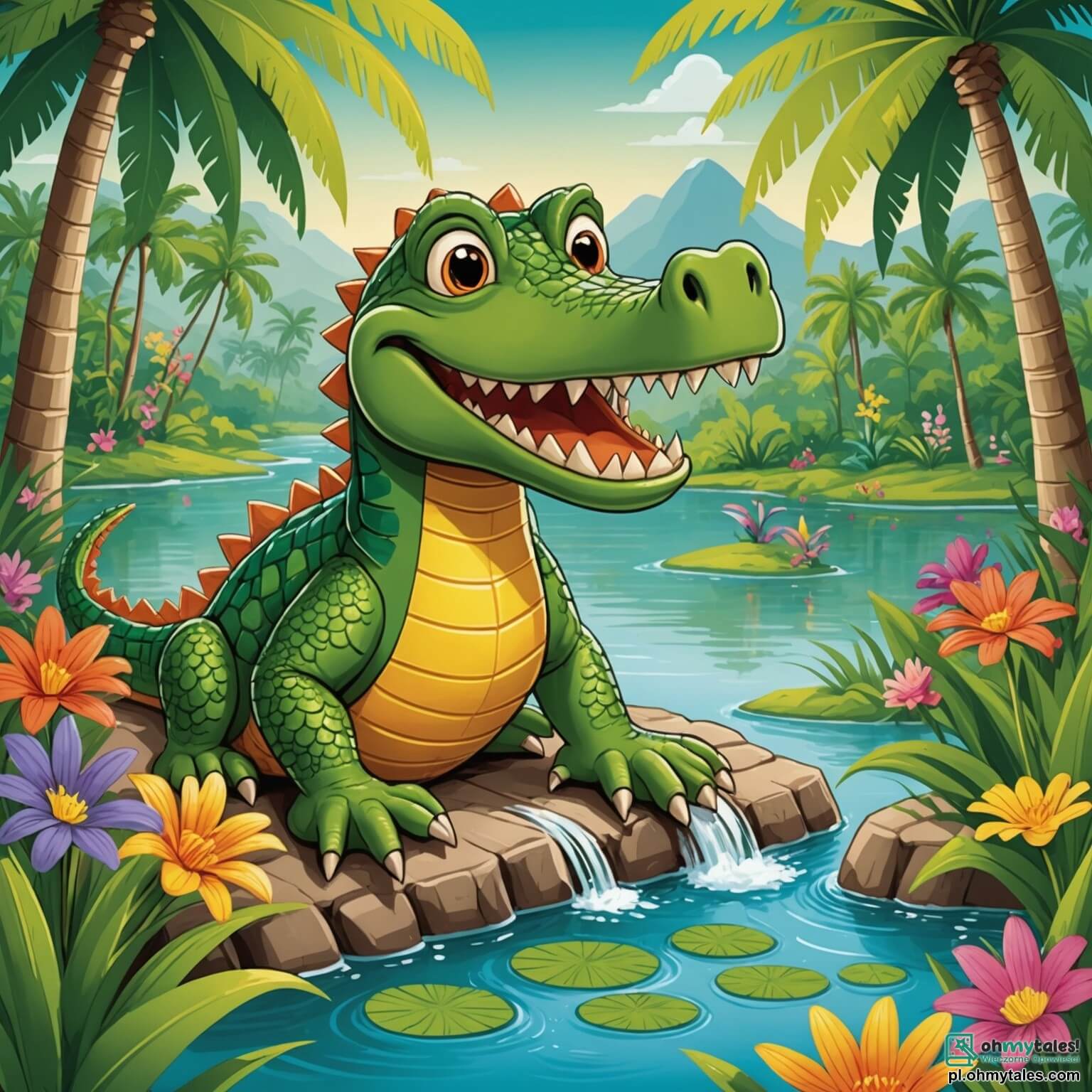 Une illustration destinée aux enfants représentant un crocodile au sourire chaleureux, aux écailles brillantes comme des émeraudes, glissant doucement dans une rivière scintillante entourée de palmiers majestueux et de fleurs colorées, où il s'emploie à organiser une grande fête pour rassembler tous les animaux de la jungle, y compris une sage chouette perchée sur une branche, un joyeux lapin bondissant dans l'herbe verte et une malicieuse écureuil qui jongle avec des noisettes, le tout sous un ciel azur parsemé de nuages cotonneux.