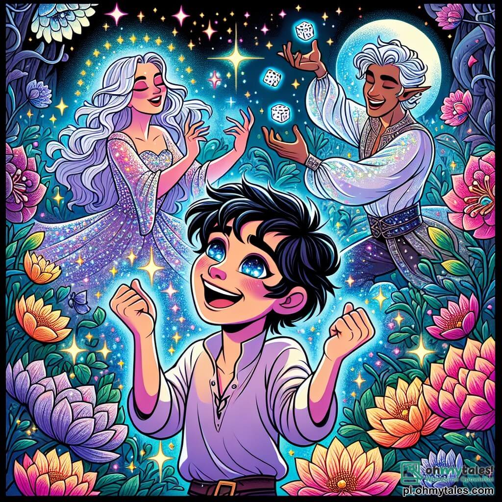 Une illustration sous forme de dessin destinée aux enfants représentant un jardin enchanteur, rempli de fleurs colorées et scintillantes, où un jeune homme aux cheveux noirs et aux yeux pétillants danse joyeusement sous la lumière de la lune, entouré de deux divinités : une femme à la chevelure argentée, vêtue d'une robe lumineuse, qui l'observe avec un sourire bienveillant, et un homme à l'apparence dynamique, avec des éclairs dans les yeux, qui rit en lançant des dés, capturant l'instant magique où les dieux et les mortels se rassemblent pour célébrer la joie et l'amitié.