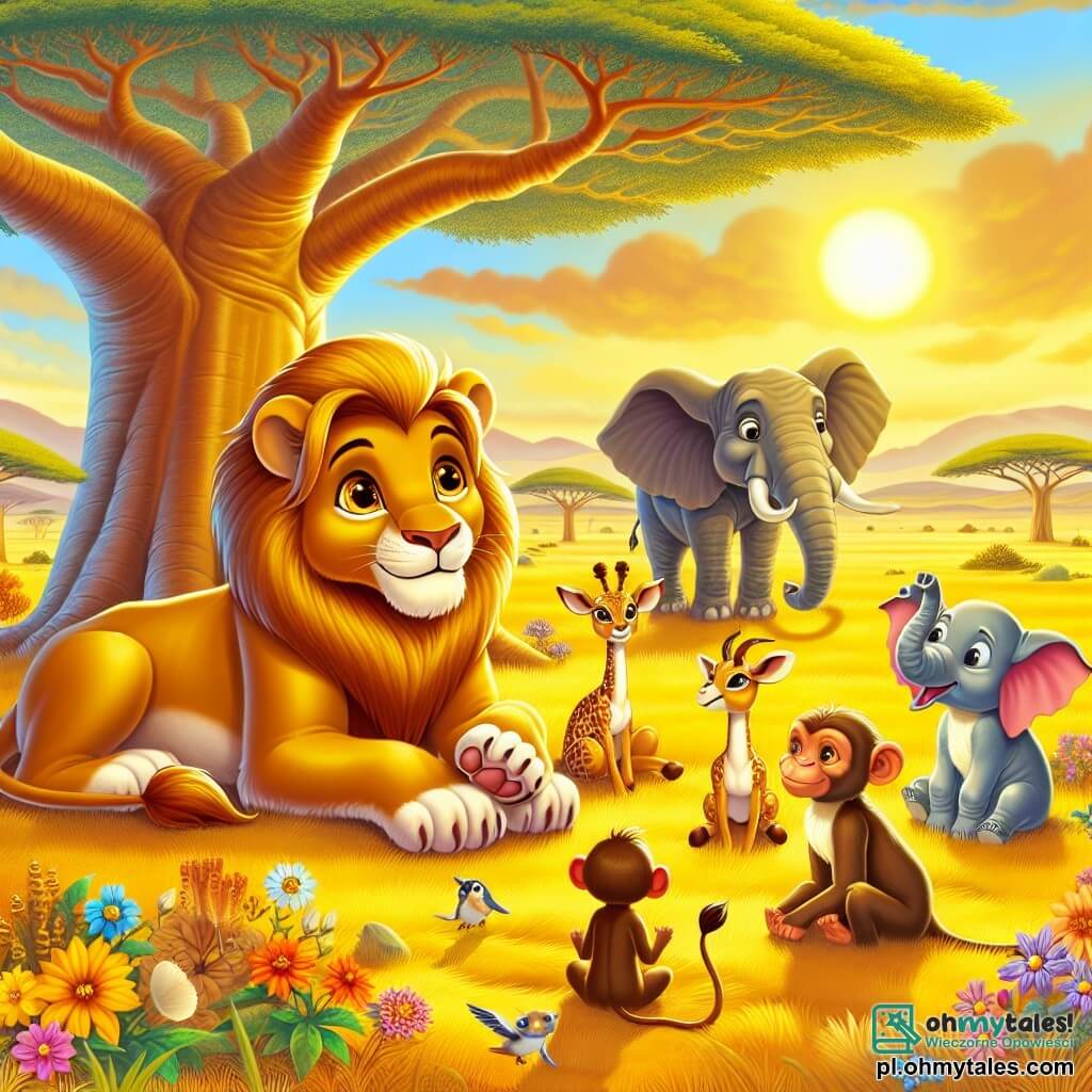 Une illustration sous forme de dessin destinée aux enfants représentant une vaste savanne dorée baignée par la lumière du soleil, avec un jeune lion au pelage doré et à la griffe naissante, assis sous un grand baobab, regardant avec curiosité ses amis : une gazelle aux yeux pétillants, un éléphant sage aux grandes oreilles, et une malicieuse petite singe, tous réunis autour de lui, alors qu'ils discutent de ses rêves de devenir un roi juste et bienveillant, entourés de fleurs colorées et d'animaux de la savanne qui les observent avec bienveillance.
