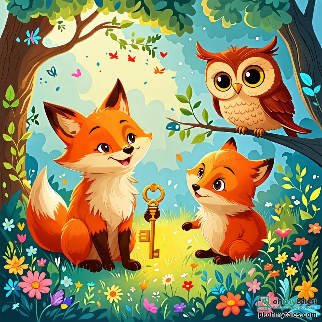 Une illustration sous forme de dessin destinée aux enfants représentant un magnifique jardin magique rempli de fleurs colorées et d'arbres majestueux, avec un petit renard à la fourrure pomarańczową, curieux et joyeux, tenant un brillant clé dorée dans ses pattes, tandis qu'une sage chouette aux plumes brunes et aux grands yeux ronds l'observe depuis une branche, le tout capturant le moment où le renard découvre la beauté du jardin et décide de partager sa découverte avec son amie.