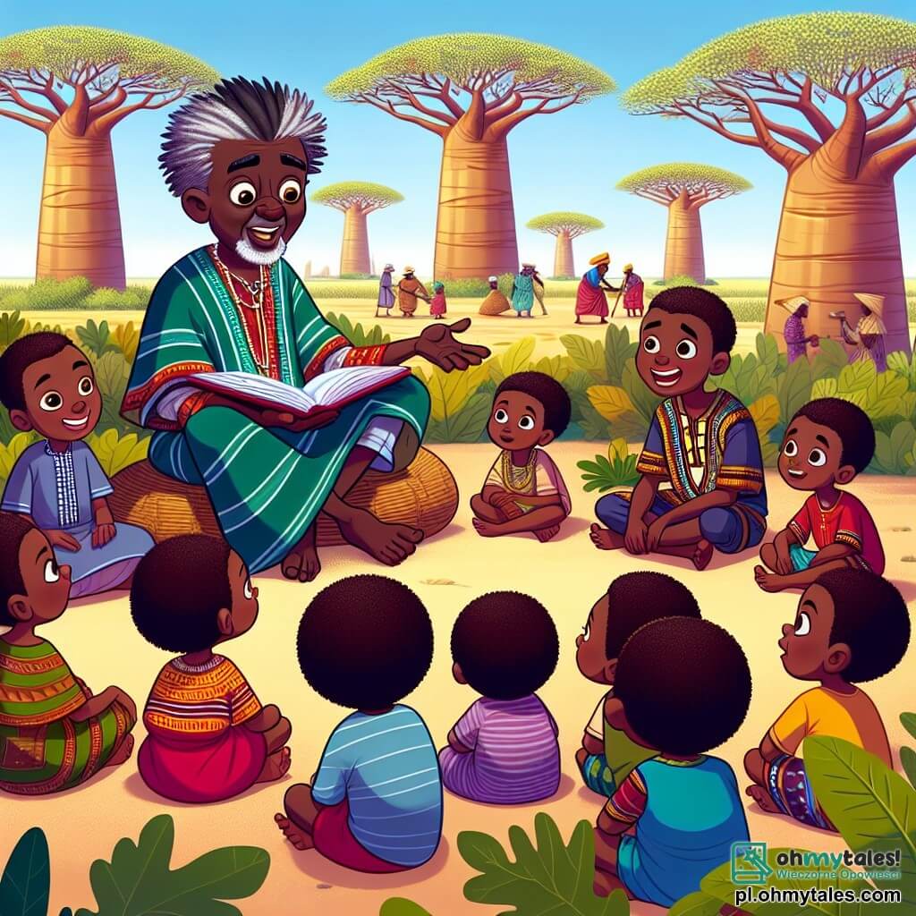 Une illustration sous forme de dessin destinée aux enfants représentant une vibrante wioska africaine entourée de majestueux arbres baobab, avec un homme d'âge moyen, au teint chocolat et aux cheveux crépus, vêtu de vêtements colorés, qui sourit tout en expliquant des histoires aux enfants aux yeux pétillants, assis en cercle autour de lui, tandis que des adultes, vêtus de tissus traditionnels, travaillent dans les champs en arrière-plan, capturant l'instant où le protagoniste partage sa sagesse et ses aventures avec la nouvelle génération, symbolisant l'importance de la transmission des connaissances et des traditions.