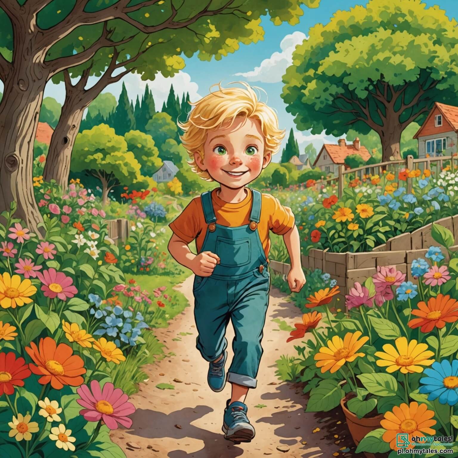 Une illustration destinée aux enfants représentant un jeune garçon aux cheveux dorés et aux yeux pétillants de curiosité, courant joyeusement à travers un jardin luxuriant rempli de fleurs colorées aux pétales éclatants, de grands arbres aux feuilles verdoyantes dansant au gré du vent, et d'un petit potager où il s'affaire à planter des graines sous le regard bienveillant de sa grand-mère, une femme douce aux cheveux argentés, assise sur une vieille banc en bois, entourée de papillons virevoltants et d'oiseaux chantants, tandis qu'ils s'engagent ensemble dans une aventure pour apprendre à protéger la nature et à prendre soin de leur environnement.