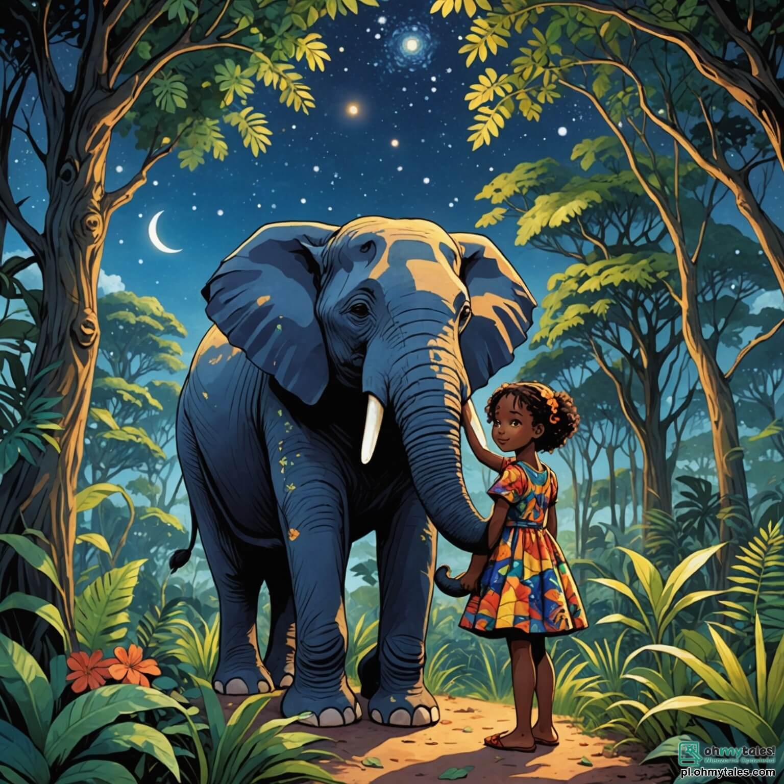 Une illustration destinée aux enfants représentant une femme au sourire chaleureux et à la peau éclatante comme la nuit étoilée, vêtue d'une robe colorée ornée de motifs vibrants, se tenant au cœur d'une densa d jungle africaine où les arbres majestueux s'élèvent vers le ciel, leurs feuilles bruissant doucement au gré du vent, tandis qu'un petit éléphant au regard triste, avec de grandes oreilles tombantes et une trompe curieuse, cherche désespérément sa mère, et une sage grenouille, perchée sur un rocher luisant près d'une rivière scintillante, observe la scène avec un air de connaissance, prête à guider les deux amis dans leur quête à travers ce paysage luxuriant rempli de fleurs éclatantes et de chants d'oiseaux colorés.