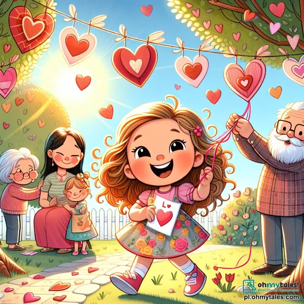 Une illustration sous forme de dessin destinée aux enfants représentant un jardin ensoleillé décoré de cœurs en papier suspendus aux arbres, avec une petite fille de 7 ans aux cheveux bruns et bouclés, portant une robe colorée, qui sourit joyeusement en tenant une carte de Saint-Valentin faite main, entourée de sa maman, une femme aux cheveux longs et blonds, qui l'observe avec fierté, tandis que le grand-père, un homme âgé avec une barbe blanche, se prépare à accrocher des ballons en forme de cœur, créant une atmosphère festive et chaleureuse pour célébrer l'amour en famille.