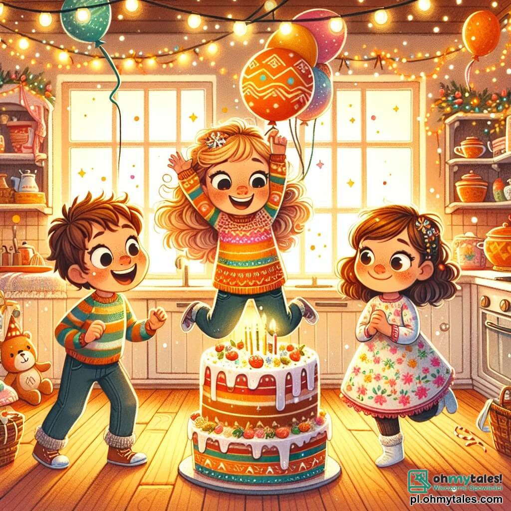 Une illustration sous forme de dessin destinée aux enfants représentant une chaleureuse cuisine décorée pour le Nouvel An, avec une fille de 7 ans aux cheveux bouclés et blonds, portant un pull coloré, qui saute de joie en tenant un grand gâteau de fête, tandis que deux amis, un garçon aux cheveux bruns en t-shirt rayé et une fille aux cheveux châtains avec une robe à fleurs, l'observent avec des yeux émerveillés, tous entourés de ballons colorés et de guirlandes scintillantes, capturant l'excitation et la magie de la célébration du Nouvel An.