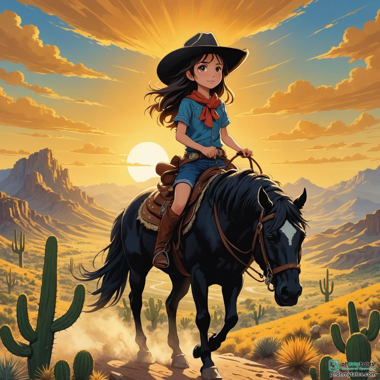 Une illustration destinée aux enfants représentant une courageuse jeune fille au grand chapeau de cow-boy, les cheveux flottant au vent comme des rayons de soleil, chevauchant un magnifique mustang noir à travers une vaste vallée dorée par le soleil couchant, où des cactus majestueux se dressent fièrement et des montagnes escarpées se dessinent à l'horizon, tandis qu'elle se lance dans une quête palpitante à la recherche de trésors cachés, accompagnée de deux garçons intrépides, l'un grand et souriant avec des cheveux blonds, et l'autre plus petit, plein d'énergie avec des cheveux bruns, tous trois unis par leur soif d'aventure et leur amitié indéfectible.