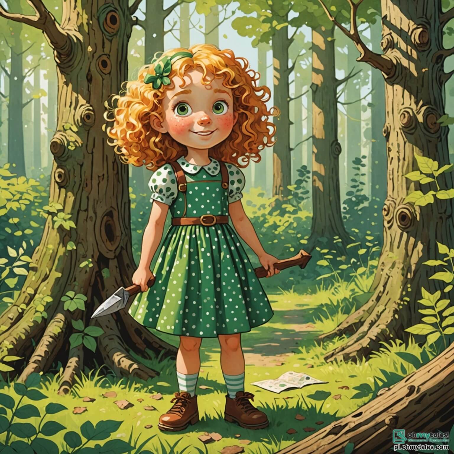 Une illustration destinée aux enfants représentant une petite fille aux cheveux bouclés et dorés, avec des yeux pétillants de curiosité, vêtue d'une robe à pois colorés, se tenant au milieu d'une clairière ensoleillée entourée de grands arbres aux troncs noueux et aux feuilles verdoyantes, tandis qu'elle scrute attentivement une carte mystérieuse à la recherche de la pioche perdue de son ami, un garçon au sourire malicieux qui, avec son chapeau de paille, l'encourage à résoudre l'énigme, tandis qu'une petite souris grise, complice de leurs aventures, les observe depuis un buisson fleuri, tous trois plongés dans une atmosphère magique et pleine de secrets à dévoiler.