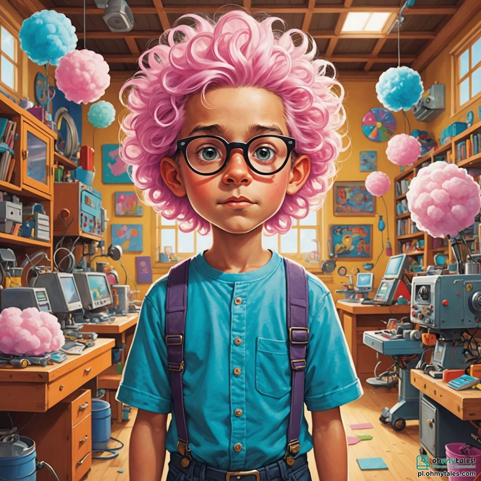 Une illustration destinée aux enfants représentant un homme aux cheveux ébouriffés couleur barbe à papa, portant des lunettes géantes qui semblent prêtes à s'envoler, se tenant au milieu de son atelier coloré rempli de machines bourdonnantes et de gadgets étranges, où des enfants aux yeux pétillants de curiosité, une petite fille aux couettes et un garçon aux lunettes, l'observent avec émerveillement alors qu'il tente de donner vie à son dernier invention farfelue, un robot dansant qui, au lieu de nettoyer, soulève joyeusement les habitants du village, le tout dans un petit mignon village ensoleillé, entouré de maisons aux façades pastel et de jardins fleuris, où les rires des enfants se mêlent aux bruits des inventions.