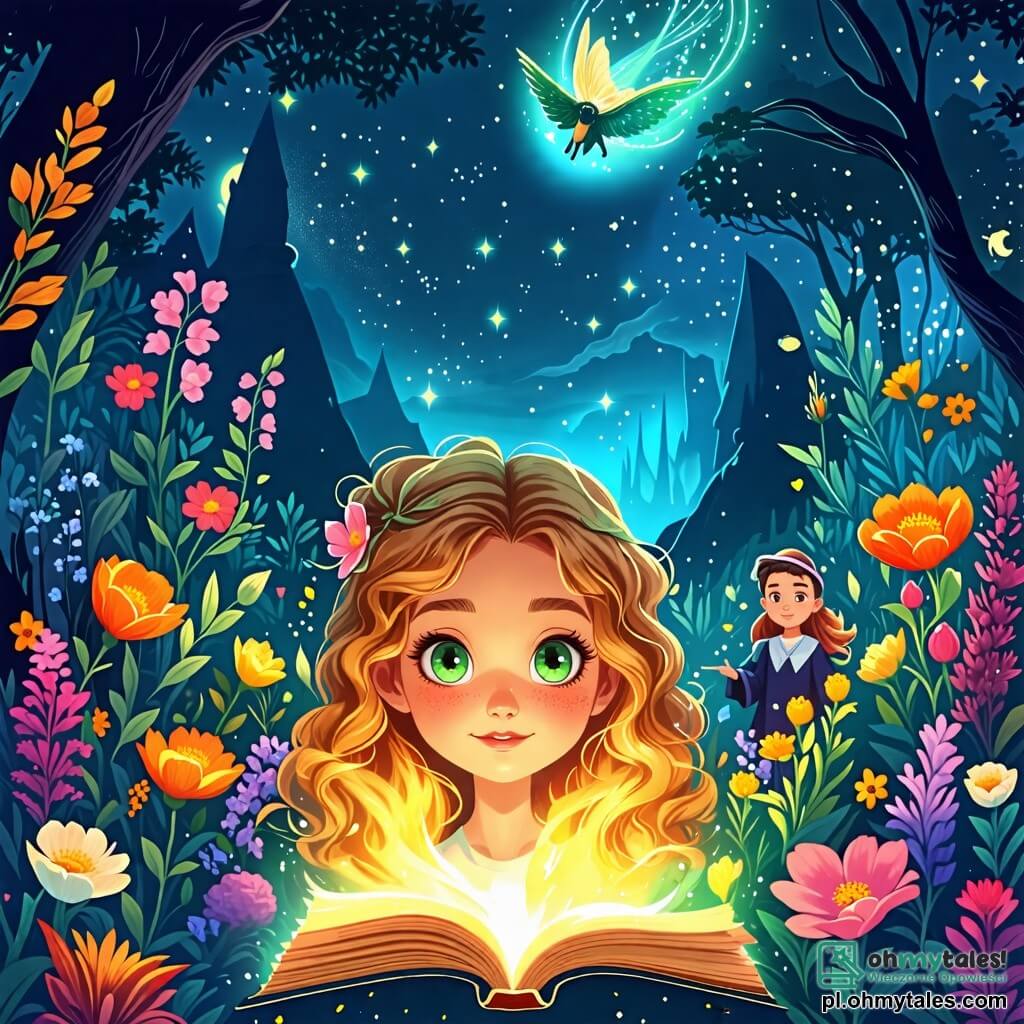 Ilustracja przedstawiająca magiczny ogród Akademii Czarodziejów, gdzie wspaniałe kolorowe kwiaty i luminescencyjne rośliny rozkwitają pod gwiaździstym niebem. W centrum młoda czarodziejka, dziewczynka w wieku około dziewięciu lat, z długimi falującymi włosami w kolorze miodu i dużymi zielonymi oczami pełnymi ciekawości, trzyma otwartą starą księgę magii przed sobą, otoczona delikatnym złotym blaskiem. Obok niej unosi się świetlisty duch, eteryczna sylwetka z błyszczącymi oczami i migoczącą aurą, obserwująca ją z życzliwością. W tle inni młodzi czarodzieje, chłopcy i dziewczynki w wieku od ośmiu do dziesięciu lat, zajmują się przygotowywaniem mikstur w kociołkach, dodając dynamizmu scenie. Główna sytuacja pokazuje młodą czarodziejkę czytającą starożytny zaklęcie, podczas gdy magiczna mgła unosi się wokół niej, oświetlając ogród feerycznym światłem. Migoczące gwiazdy i magiczne stworzenia, takie jak świetliki i małe fantastyczne zwierzęta, dodają czarującej atmosfery tej ilustracji.