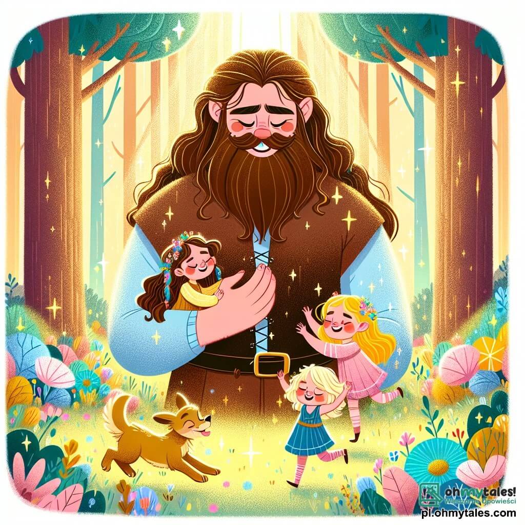 Une illustration sous forme de dessin destinée aux enfants représentant une vaste et magique clairière dans une forêt colorée, où un géant bienveillant aux longs cheveux bruns et à la barbe touffue, vêtu d'une tunique en cuir, sourit tout en tenant délicatement sur son épaule trois jeunes filles aux cheveux colorés, qui expriment leur émerveillement, tandis qu'un petit chien espiègle aux poils dorés gambade joyeusement autour d'eux, le tout baigné dans une lumière dorée et entouré de fleurs scintillantes et d'animaux fantastiques.