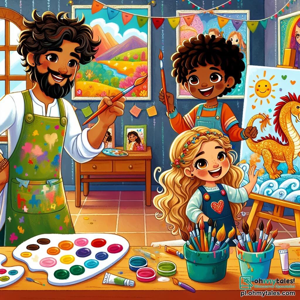 Une illustration sous forme de dessin destinée aux enfants représentant un studio d'art coloré, avec des murs ornés de tableaux vibrants, où un homme aux cheveux bouclés et au sourire chaleureux, vêtu d'un grand tablier taché de peinture, montre à une fille aux cheveux blonds et ondulés, pleine d'enthousiasme, comment peindre une magnifique toile avec une grande palette de couleurs, tandis qu'un garçon aux yeux pétillants et aux cheveux foncés, debout à côté d'eux, s'applique à dessiner un dragon doré, le tout baigné dans une lumière douce et joyeuse qui évoque la magie de la créativité.