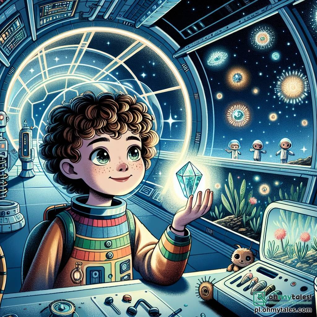 Une illustration sous forme de dessin destinée aux enfants représentant l'intérieur d'une station spatiale futuriste, avec des murs transparents révélant un ciel étoilé, au centre une fille de 9 ans aux cheveux bouclés et aux yeux pétillants, vêtue d'une combinaison spatiale colorée, qui montre avec enthousiasme un petit cristal lumineux à des extraterrestres en forme de petites sphères lumineuses flottantes, qui l'observent avec curiosité et émerveillement, tandis qu'autour d'eux se trouvent des appareils scientifiques et des plantes terrestres, illustrant l'échange amical et l'apprentissage entre les espèces.