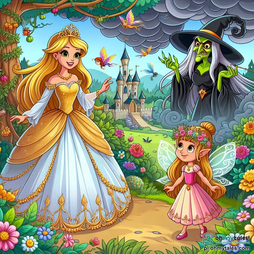 Une illustration sous forme de dessin destinée aux enfants représentant un magnifique jardin royal rempli de fleurs colorées et d'arbres majestueux, où une princesse aux longs cheveux dorés, vêtue d'une robe scintillante, se tient courageusement face à une sorcière maléfique aux yeux sombres et au sourire sournois, tandis qu'un petit elfe aux ailes brillantes, flottant à ses côtés, semble prêt à l'aider dans sa quête pour sauver son royaume du désespoir, avec des nuages sombres en arrière-plan symbolisant la menace de la magie noire.