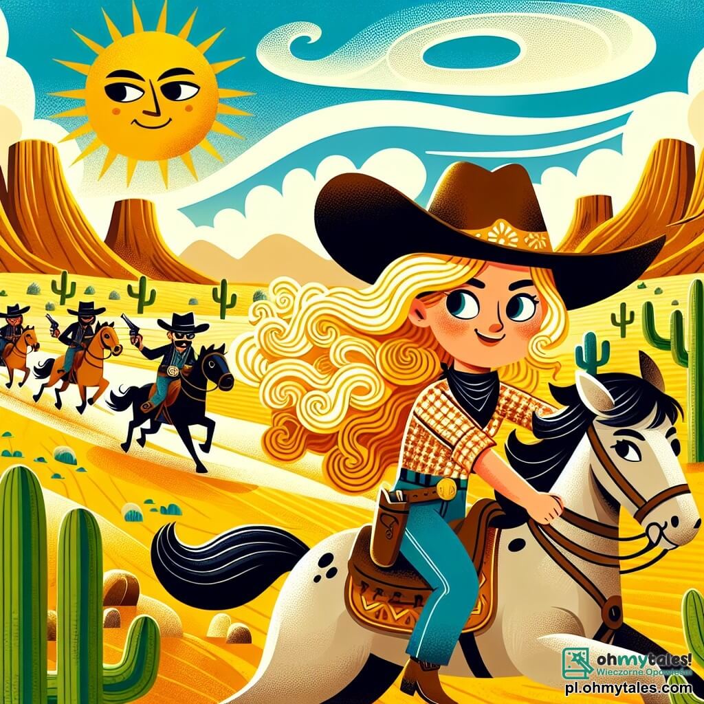 Une illustration sous forme de dessin destinée aux enfants représentant un vaste paysage de la Solaire Vallée, avec des collines dorées et un ciel bleu éclatant, où une cowgirl courageuse aux longs cheveux dorés, portant un grand chapeau de cowboy et une chemise à carreaux, est en train de galoper sur son petit cheval rapide, tandis que des bandits aux visages malicieux et aux chapeaux noirs tentent de la rattraper en trichant, créant une scène pleine de tension et d'aventure, avec des cactus et des rochers en arrière-plan, symbolisant l'esprit du Far West.