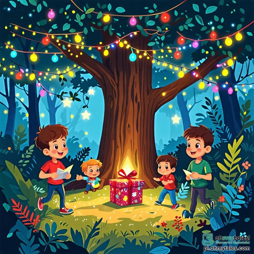 Ilustracja przedstawiająca magiczną scenę w zaczarowanym lesie, oświetloną migoczącymi gwiazdami i kolorowymi lampkami zawieszonymi na gałęziach drzew. W centrum znajduje się duże, majestatyczne drzewo z grubym pniem i błyszczącymi liśćmi, pod którym stoi duża skrzynia ozdobiona świątecznymi wzorami. Trzej chłopcy, w wieku około trzech lat, są obecni w tej scenie. Pierwszy chłopiec, z brązowymi, kręconymi włosami, ma na sobie czerwoną koszulkę i niebieskie spodnie. Pochyla się do przodu, z szeroko otwartymi oczami z zaskoczenia, trzymając kolorową kopertę w małych dłoniach. Drugi chłopiec, z blond prostymi włosami, nosi zieloną czapkę i sweter w paski. Szeroko się uśmiecha, z uniesionymi rękami w geście radości. Trzeci chłopiec, z kasztanowymi, kręconymi włosami, ma na sobie koszulę w kratę i szorty. Patrzy na innych z zachwytem, z rękami na biodrach. Główna sytuacja pokazuje chłopców odkrywających magiczną skrzynię wypełnioną kopertami z życzeniami na Nowy Rok. Migoczące gwiazdy delikatnie spadają z nieba, dodając magicznego klimatu do świątecznej atmosfery. Dodatkowe elementy graficzne to kolorowe konfetti unoszące się w powietrzu oraz małe leśne zwierzęta, takie jak wiewiórki i sowy, które z ciekawością obserwują scenę.