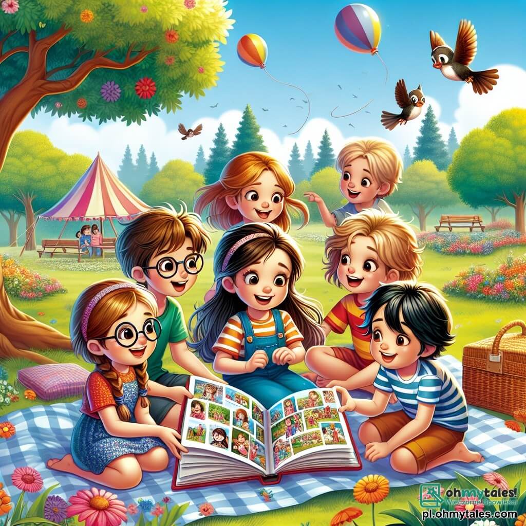 Ilustracja przedstawiająca mały słoneczny park, z drzewami o jaskrawozielonych liściach i kolorowymi kwiatami tańczącymi na wietrze. W centrum grupa dzieci stoi wokół dużego koca piknikowego, ich twarze promienieją radością i ciekawością. Jest dziewczynka w wieku 11 lat, z długimi brązowymi włosami i okularami, która uśmiecha się, trzymając album ze zdjęciami pełnym wspomnień. Obok niej chłopiec w wieku 11 lat, z rozwianymi blond włosami, uważnie przygląda się albumowi, jego oczy błyszczą zainteresowaniem. Inna dziewczynka, również w wieku 11 lat, z warkoczami i kolorową sukienką, słucha uważnie, trzymając ręce na kolanach. Na końcu chłopiec w wieku 11 lat, w koszulce w paski i ciepłym uśmiechu, dzieli się historią, entuzjastycznie gestykulując. Główna sytuacja pokazuje te dzieci dzielące się radosnymi wspomnieniami o swoich dziadkach, ilustrując piękno więzi rodzinnych i sposób, w jaki wspomnienia mogą przynieść pocieszenie. W tle niebo jest intensywnie niebieskie, a ptaki swobodnie latają, symbolizując wolność i nadzieję. Kolorowe balony unoszą się w powietrzu, dodając lekkości tej emocjonalnej scenie.