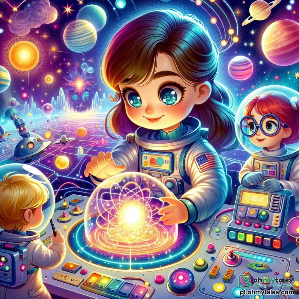 Une illustration sous forme de dessin destinée aux enfants représentant un vaste espace cosmique rempli de planètes colorées et d'étoiles scintillantes, au centre de laquelle se trouve une femme courageuse aux cheveux bruns et aux yeux pétillants, vêtue d'une combinaison spatiale argentée, qui examine avec fascination un mystérieux vortex d'énergie lumineuse, tandis qu'à ses côtés, un garçon aux cheveux blonds, habillé en pilote, ajuste les commandes d'un vaisseau spatial, et une fille aux lunettes et aux cheveux roux, tenant un appareil de mesure, observe attentivement les données, tous trois unis dans leur quête d'aventure et de découverte dans l'inconnu.