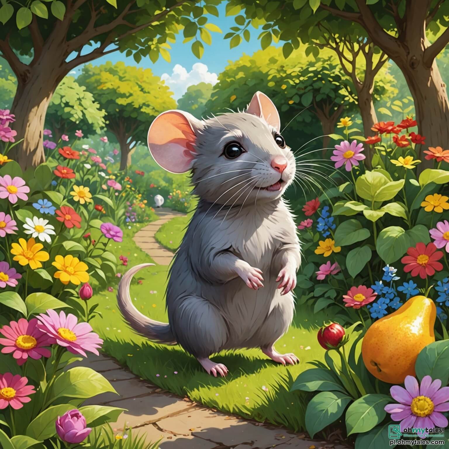 Une illustration destinée aux enfants représentant un petit rat au pelage gris soyeux, aux yeux pétillants de curiosité et à la longue queue agile, se faufilant avec malice à travers un jardin luxuriant, où les fleurs colorées dansent au gré du vent et les arbres majestueux, chargés de fruits juteux, offrent un abri parfait pour ses aventures, tandis qu'il est accompagné de son fidèle ami, un chien espiègle à la fourrure dorée, et d'une joyeuse grenouille au chant mélodieux, tous unis dans leur quête pour découvrir les délices cachés de ce paradis verdoyant, tout en évitant les regards inquiets du jardinier, dont les pas résonnent sur le chemin de gravier bordé de pétales éclatants.