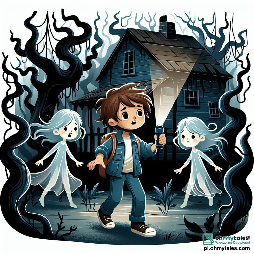 Une illustration sous forme de dessin destinée aux enfants représentant une forêt sombre et mystérieuse, avec des arbres aux branches tordues et des ombres dansantes, où un garçon de 11 ans aux cheveux bruns en bataille, portant une veste bleue et tenant une lampe de poche, se tient devant une vieille chatette en bois, tandis que deux petites silhouettes translucides, des filles aux visages tristes et aux robes blanches flottantes, l'observent avec espoir, alors qu'ils cherchent ensemble à percer le mystère de la forêt enchantée.