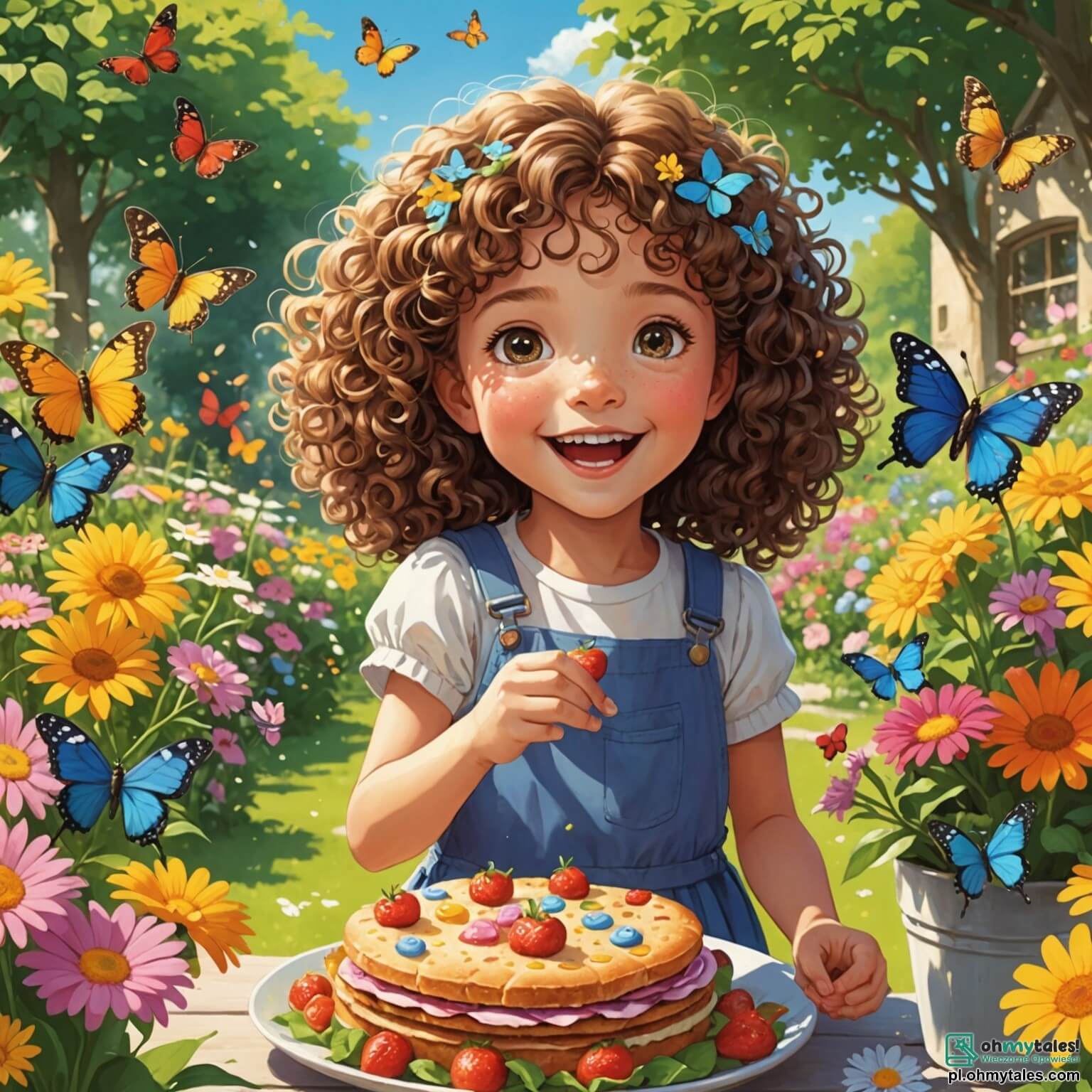 Une illustration destinée aux enfants représentant une petite fille aux cheveux bouclés et aux yeux pétillants, pleine d'enthousiasme et de créativité, qui se trouve dans un jardin ensoleillé, parsemé de fleurs colorées et de papillons virevoltants, alors qu'elle prépare avec soin une surprise spéciale pour son papa, un homme chaleureux et souriant, qui adore passer du temps avec elle, tout en savourant des délices faits maison, tels que des sandwiches et des biscuits, le tout dans une ambiance joyeuse et festive, où l'amour et la complicité parentale se mêlent à la magie d'une journée dédiée à la fête des pères.