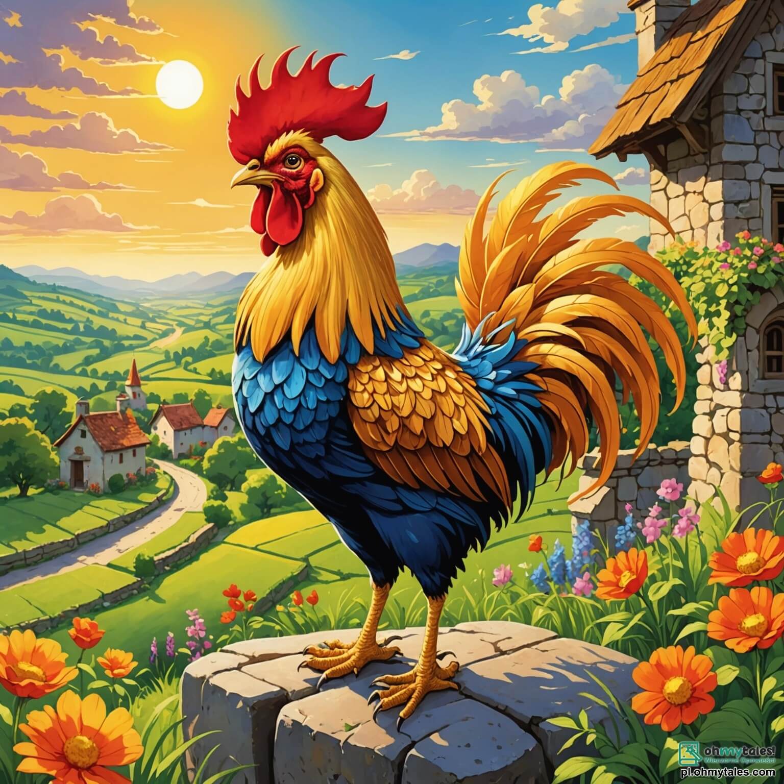 Une illustration destinée aux enfants représentant un coq flamboyant aux plumes dorées, se tenant fièrement sur un muret de pierre dans un village pittoresque entouré de champs verdoyants, où le soleil se lève lentement à l'horizon, illuminant les fleurs colorées et les arbres majestueux, tandis qu'il s'apprête à partir à l'aventure avec ses amis, une malicieuse petite souris et un sage hibou, pour aider un jeune renard perdu dans la forêt enchantée, où les rayons de lumière filtrent à travers les feuillages denses et où les chants des oiseaux résonnent comme une douce mélodie.