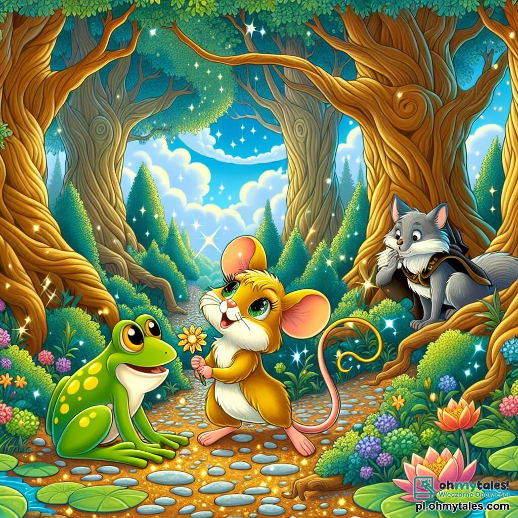 Ilustracja przedstawiająca zaczarowaną scenę w sercu magicznego lasu, gdzie wielkie drzewa o sękatych pniach wznoszą się ku niebu wypełnionemu puchatymi chmurami. W centrum mała mysz o złotym futrze, z dużymi błyszczącymi oczami i okrągłymi uszami, stoi na tylnych łapach, delikatnie trzymając piękny kwiat o płatkach błyszczących jak gwiazdy. Obok niej skacze wesoła zielona żaba w żółte plamki na liściu lilii wodnej, z podziwem obserwując mysz. W tle chytry lis o figlarnych oczach chowa się za krzakiem, uważnie słuchając rozmowy. Scena emanuje atmosferą przyjaźni i przygody, z promieniami słońca prześwitującymi przez liście, oświetlającymi ścieżkę usianą kolorowymi kwiatami i małymi, błyszczącymi kamykami.