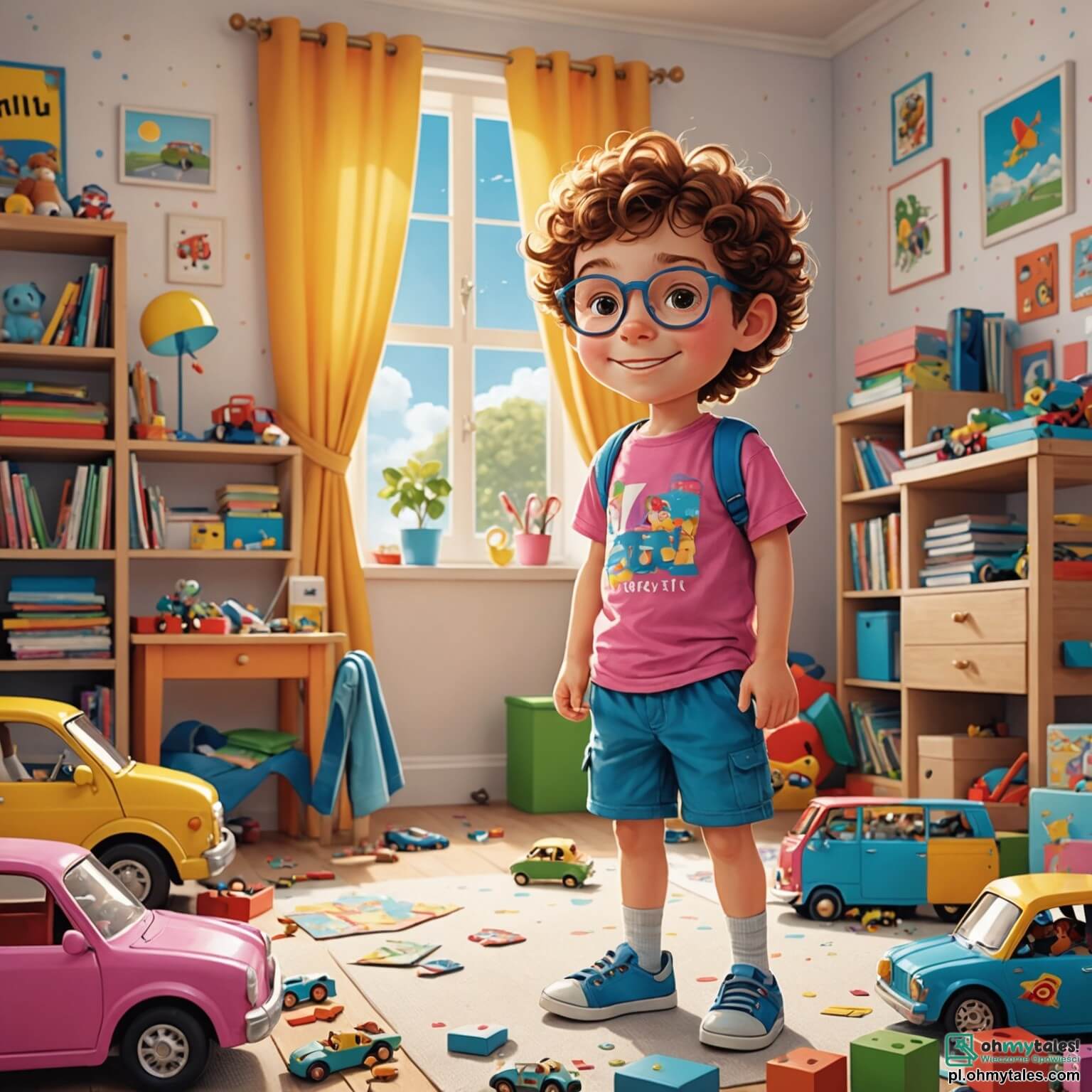 Une illustration destinée aux enfants représentant un petit garçon aux cheveux châtains et aux yeux pétillants, vêtu d'un t-shirt coloré et de shorts, qui se tient avec enthousiasme au milieu de sa chambre pleine de jouets éparpillés, où des voitures miniatures brillent sous la lumière du soleil filtrant à travers les rideaux à motifs de nuages, tandis qu'à ses côtés, une petite fille aux cheveux bouclés et aux lunettes roses, souriante et pleine de créativité, l'encourage à construire ensemble un immense château de klocki, symbole de leur amitié et de l'égalité des genres, dans un décor où les murs sont ornés de dessins colorés représentant des héros et héroïnes, illustrant ainsi leur rêve commun d'un monde où chacun, peu importe son genre, peut être roi ou reine de son propre royaume.