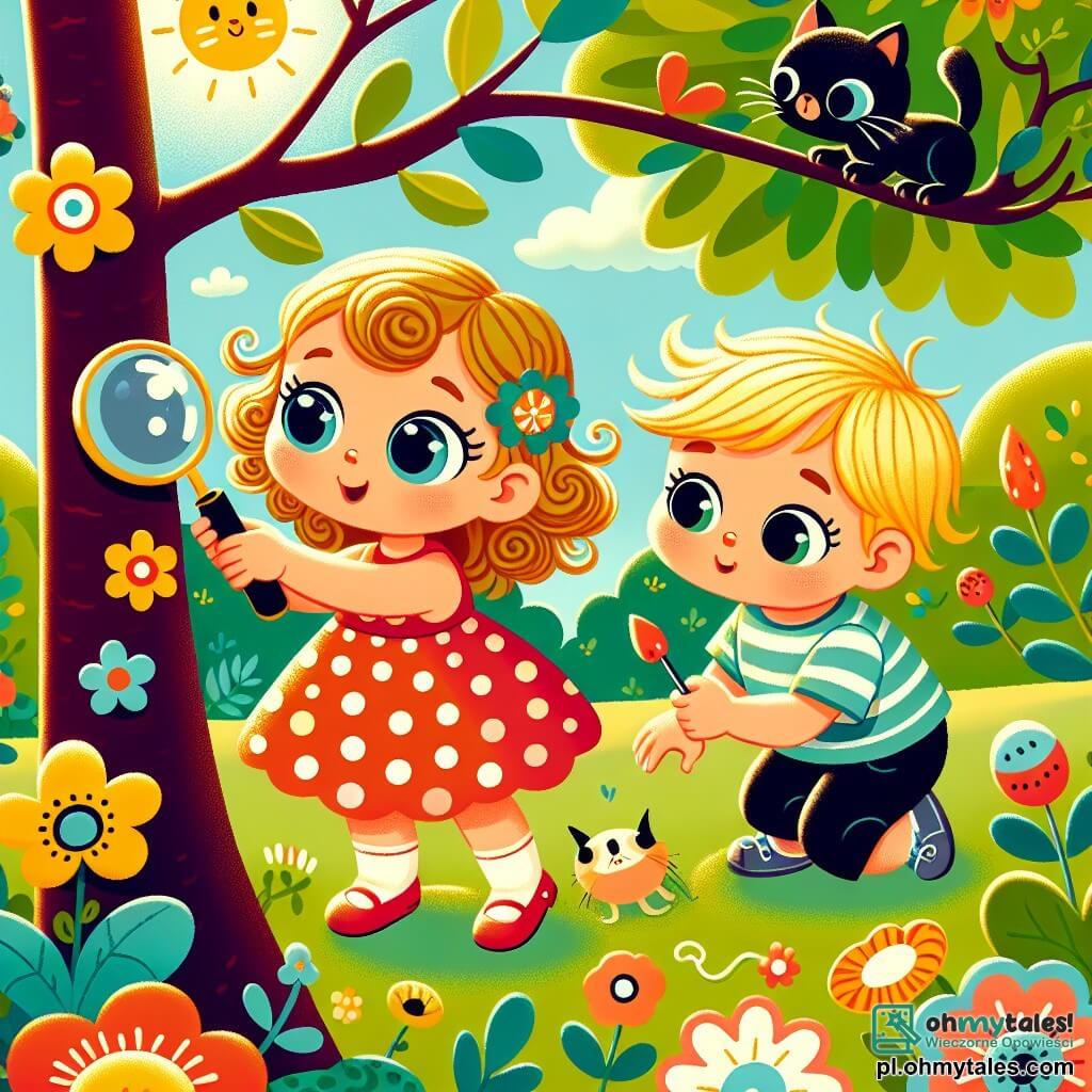 Une illustration sous forme de dessin destinée aux enfants représentant un parc ensoleillé avec des arbres verts et des fleurs colorées, où une petite fille de 1 an aux cheveux bouclés et aux yeux pétillants, vêtue d'une robe à pois, se penche curieusement vers une cime d'arbre, tenant une petite loupe en plastique, tandis qu'à ses côtés, un garçon de 1 an aux cheveux blonds et un t-shirt rayé observe un petit chat noir qui miaule, tous trois en pleine enquête pour découvrir le mystère d'une cérise wstążka rouge accrochée à une branche.
