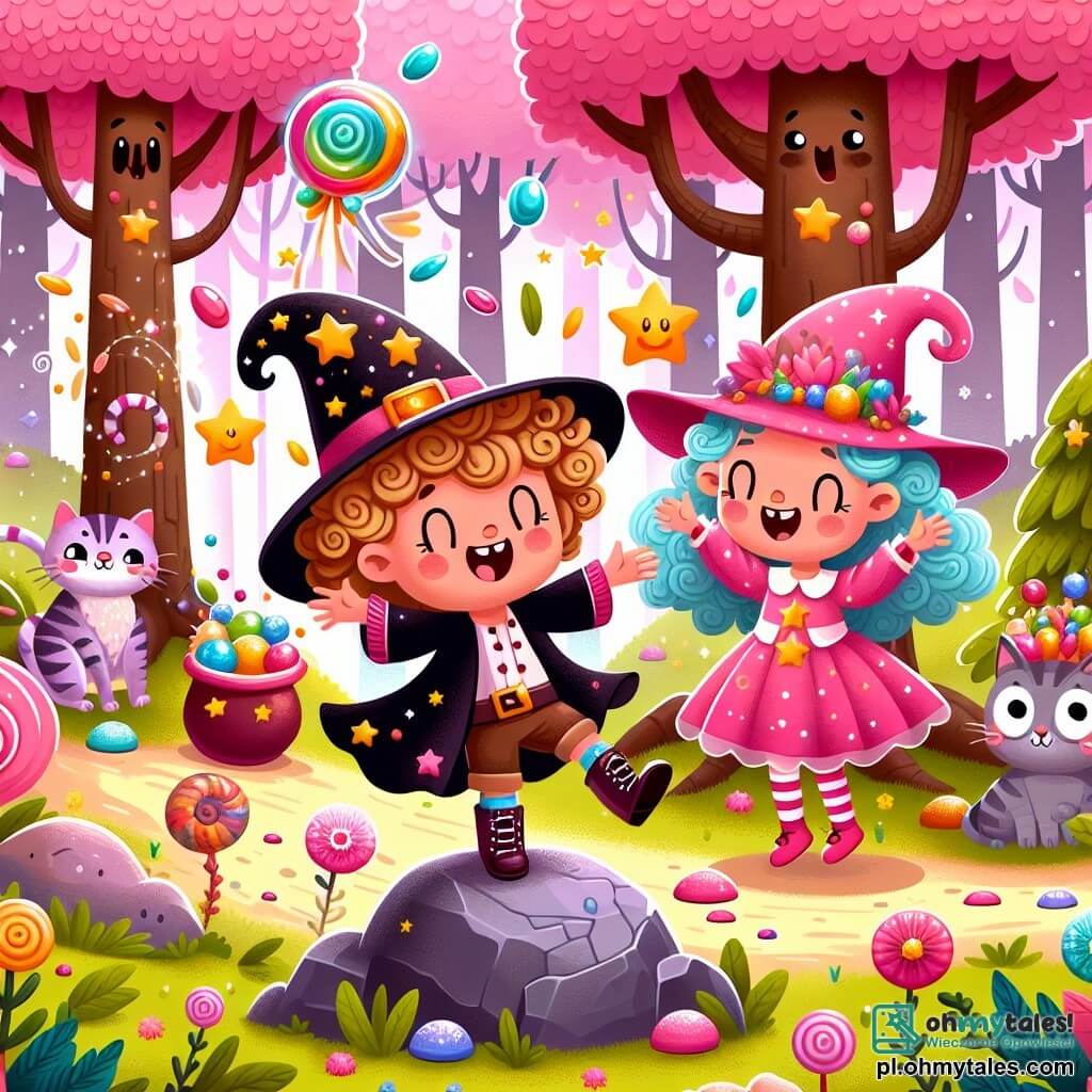 Une illustration sous forme de dessin destinée aux enfants représentant une clairière enchantée dans une forêt magique aux arbres aux feuilles roses et aux fleurs chantantes, où un jeune sorcier aux cheveux bouclés et au grand chapeau orné d'étoiles dorées, en train de danser joyeusement tout en lançant un sort pour créer un énorme bonbon, est entouré de sa meilleure amie, une sorcière aux cheveux couleur ciel portant des chaussettes roses, qui l'encourage avec un sourire, et d'un chat coloré aux yeux malicieux, assis sur une pierre, observant la scène avec curiosité, tandis qu'une pluie de bonbons multicolores tombe autour d'eux, créant une atmosphère festive et joyeuse.