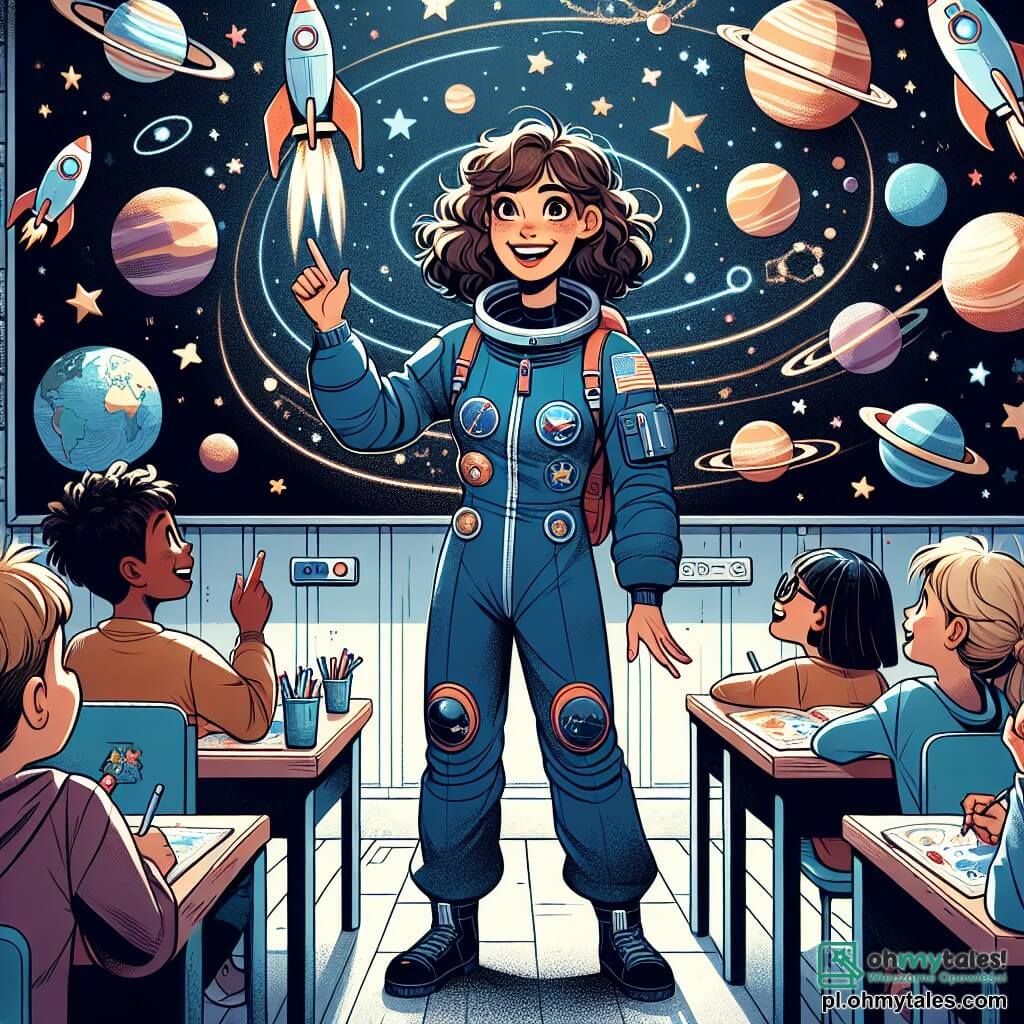 Ilustracja przedstawiająca jasną i kolorową klasę w ośrodku szkoleniowym dla astronautów. Ściany zdobią plakaty planet i rakiet, a na dużej tablicy czarnej znajdują się schematy statków kosmicznych. W centrum pomieszczenia stoi młoda kobieta o brązowych, kręconych włosach, ubrana w niebieski skafander kosmiczny, z entuzjastycznym uśmiechem. Z pasją wyjaśnia dzieciom cuda kosmosu. Wśród dzieci chłopiec w wieku około 8 lat, w okrągłych okularach i z rozwianymi blond włosami, z ciekawością podnosi rękę, podczas gdy dziewczynka w wieku około 7 lat, z długimi czarnymi włosami, uważnie słucha, z szeroko otwartymi oczami pełnymi zachwytu. Młoda kobieta pokazuje model rakiety z plastiku, ilustrując, jak wzbija się w stronę gwiazd. Atmosfera wypełniona jest ekscytacją i marzeniami, a na ścianach narysowane są gwiazdy i planety, tworząc magiczny nastrój. Książki o astronomii są porozrzucane po stołach, a w rogu pomieszczenia widoczny jest globus ziemski, dodając edukacyjnego akcentu do tej inspirującej sceny.