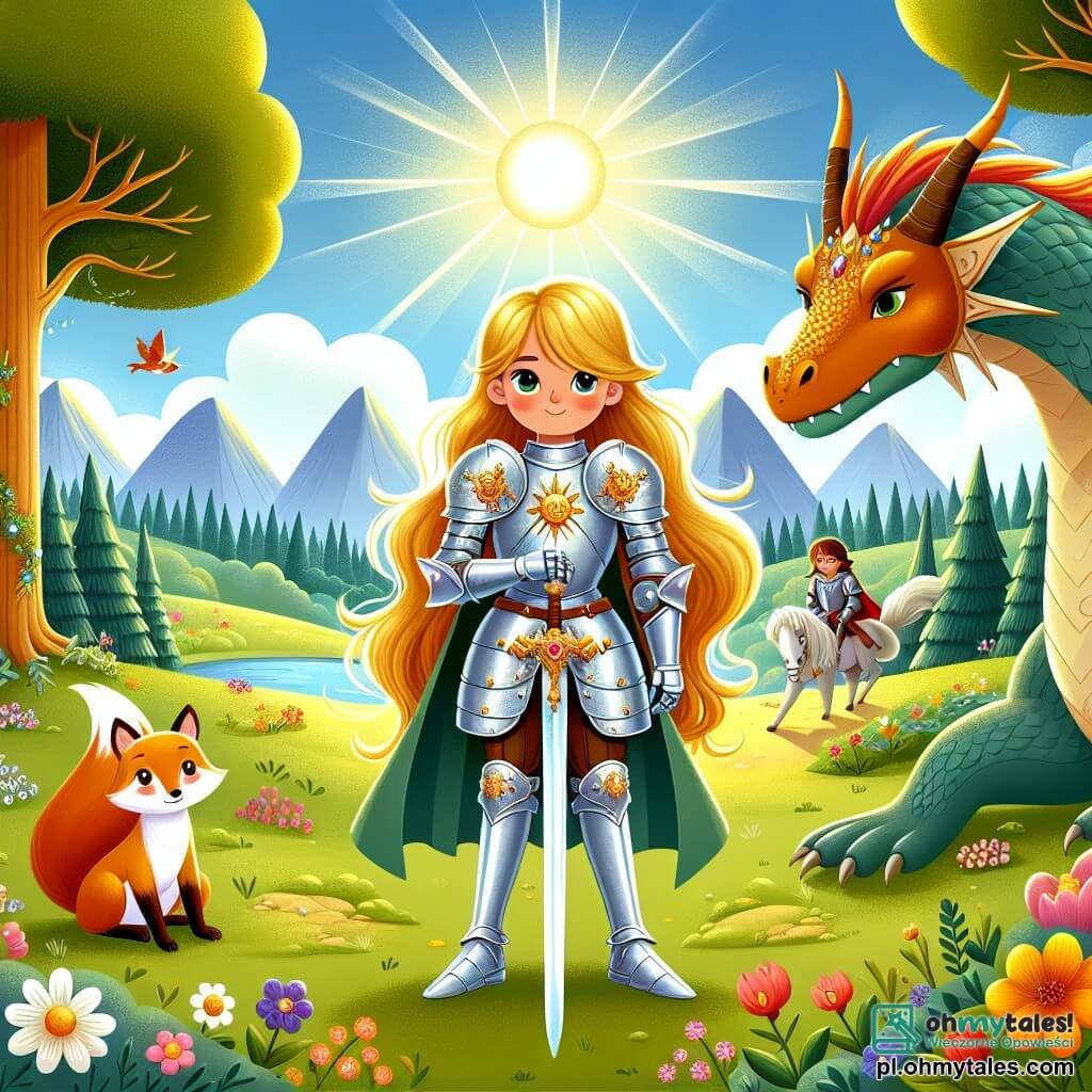 Une illustration sous forme de dessin destinée aux enfants représentant une vaste clairière ensoleillée, entourée d'arbres majestueux et de fleurs colorées, où se tient une courageuse chevaleresse aux longs cheveux dorés, vêtue d'une brillante armure argentée ornée de pierres précieuses, brandissant son épée avec détermination, tandis qu'à ses côtés, un petit renard rusé aux yeux malicieux observe attentivement, et ensemble, ils font face à un grand dragon aux écailles scintillantes, prêt à défendre le précieux Kamion Marzeń, symbolisant l'amitié et le courage dans leur quête pour réaliser leurs rêves.